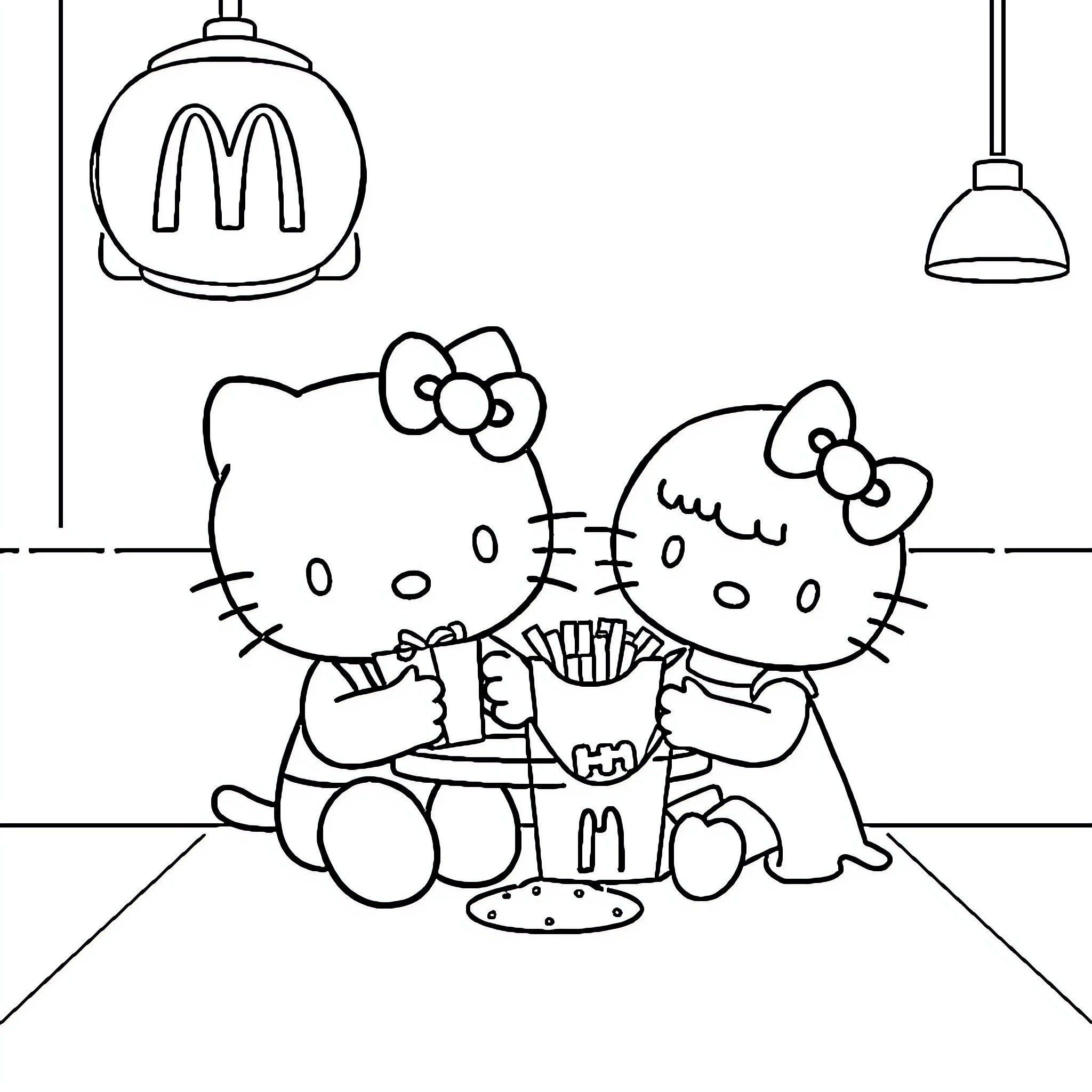 Hello Kitty and Friends Sharing a Meal Coloring Page (free black-and-white line drawing printable PDF for all, from beginners to advanced learners, including children, teens, adults, and seniors)