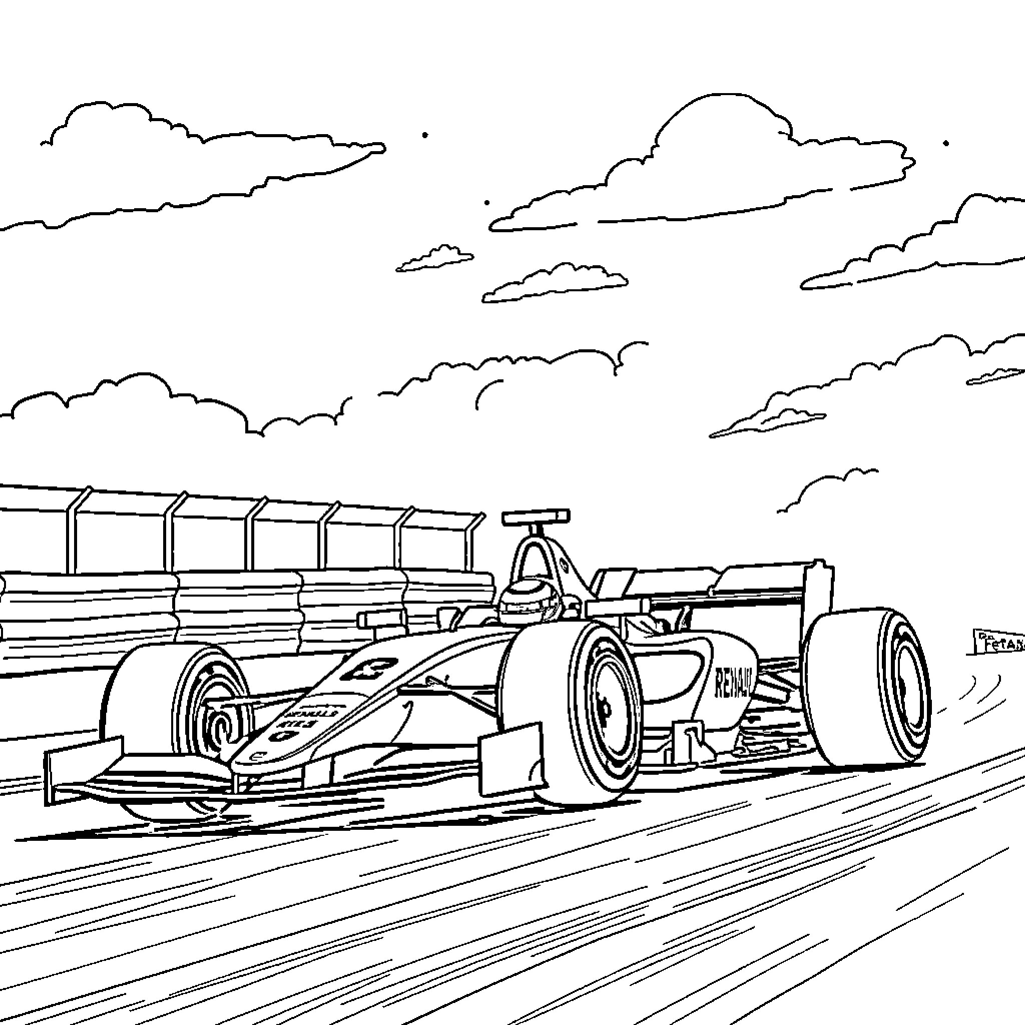 Fernando Alonso's Formula 1 race car speeding on the track Coloring Page (free black-and-white line drawing printable PDF for all, from beginners to advanced learners, including children, teens, adults, and seniors)