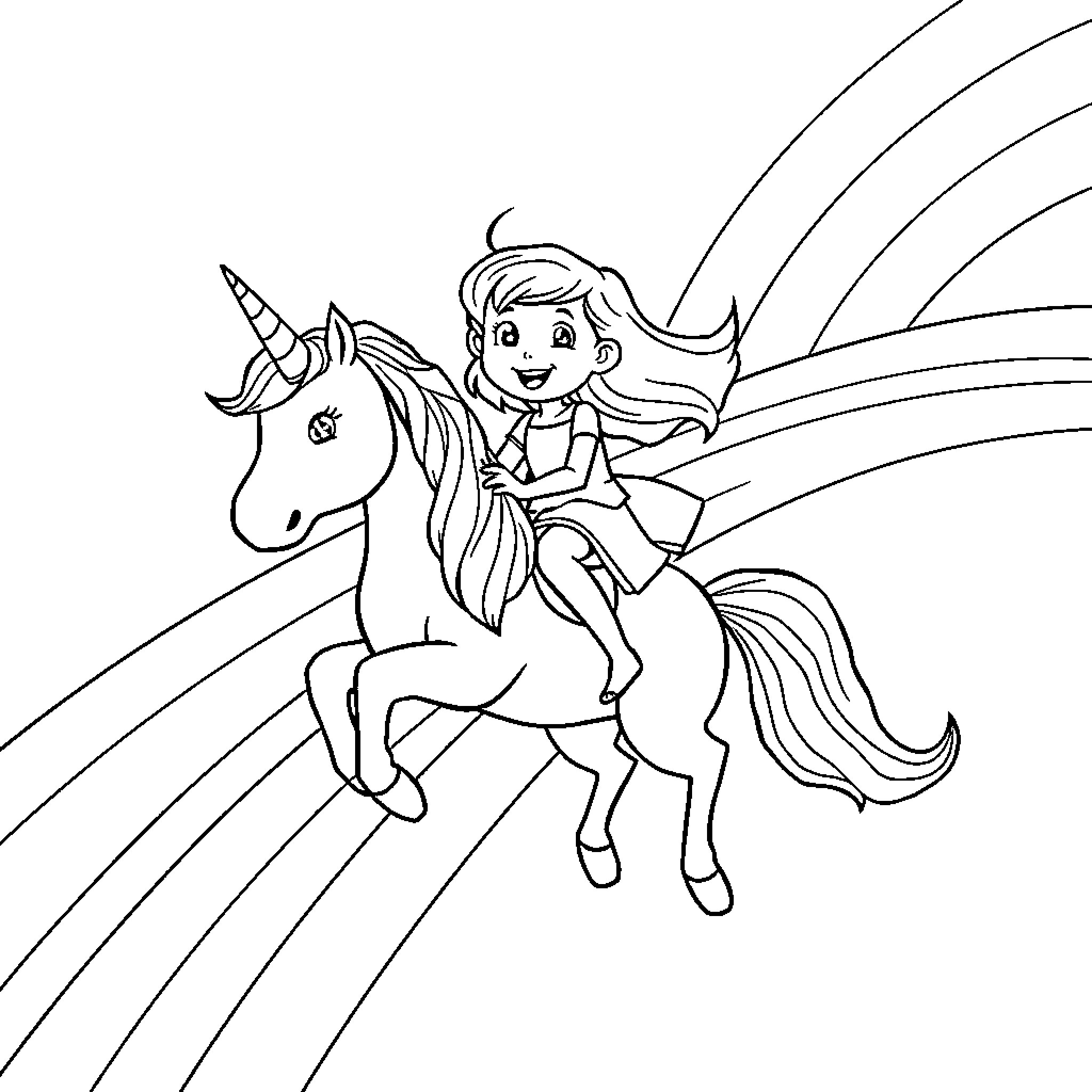 Unicorn riding with a young girl in a magical rainbow Coloring Page (free black-and-white line drawing printable PDF for all, from beginners to advanced learners, including children, teens, adults, and seniors)