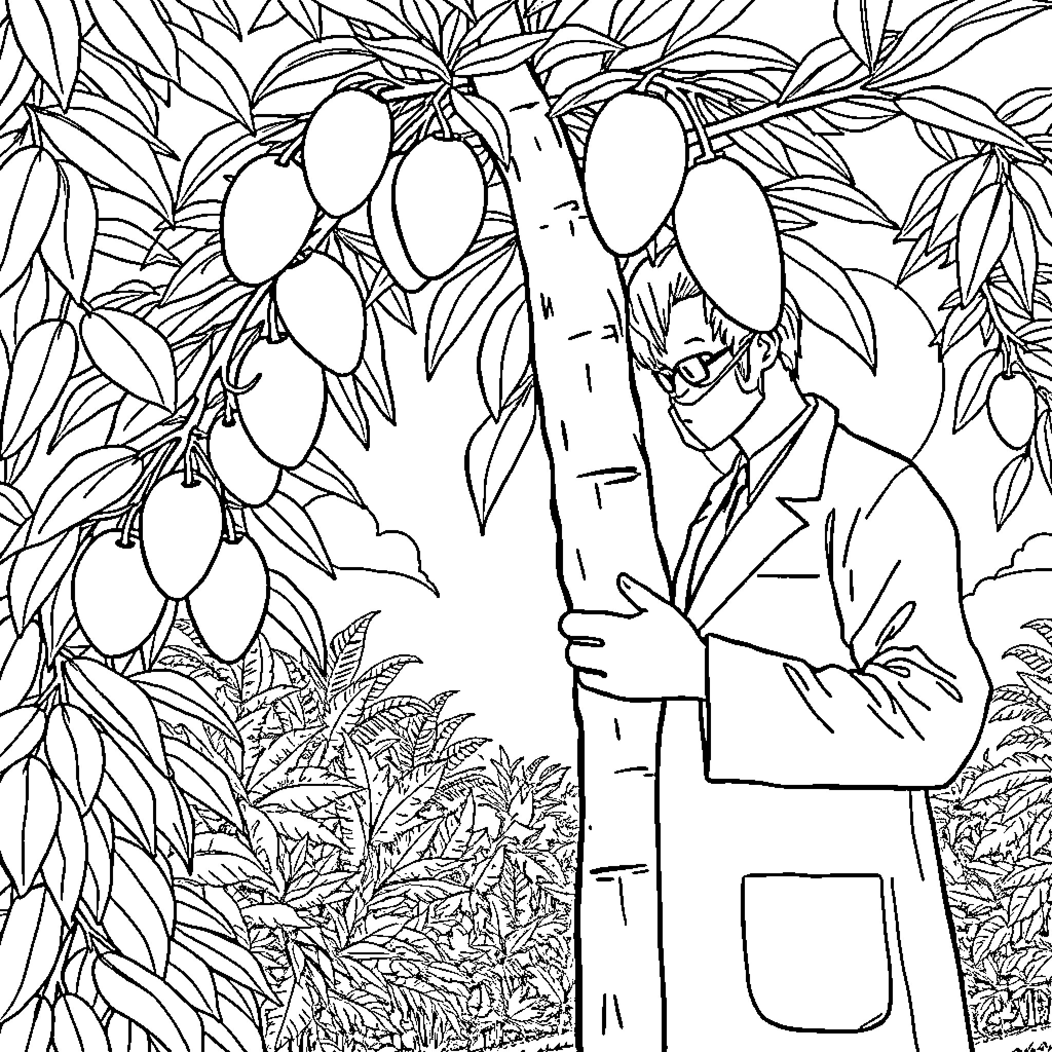 Doctor examining mango tree in tropical garden Coloring Page (free black-and-white line drawing printable PDF for all, from beginners to advanced learners, including children, teens, adults, and seniors)