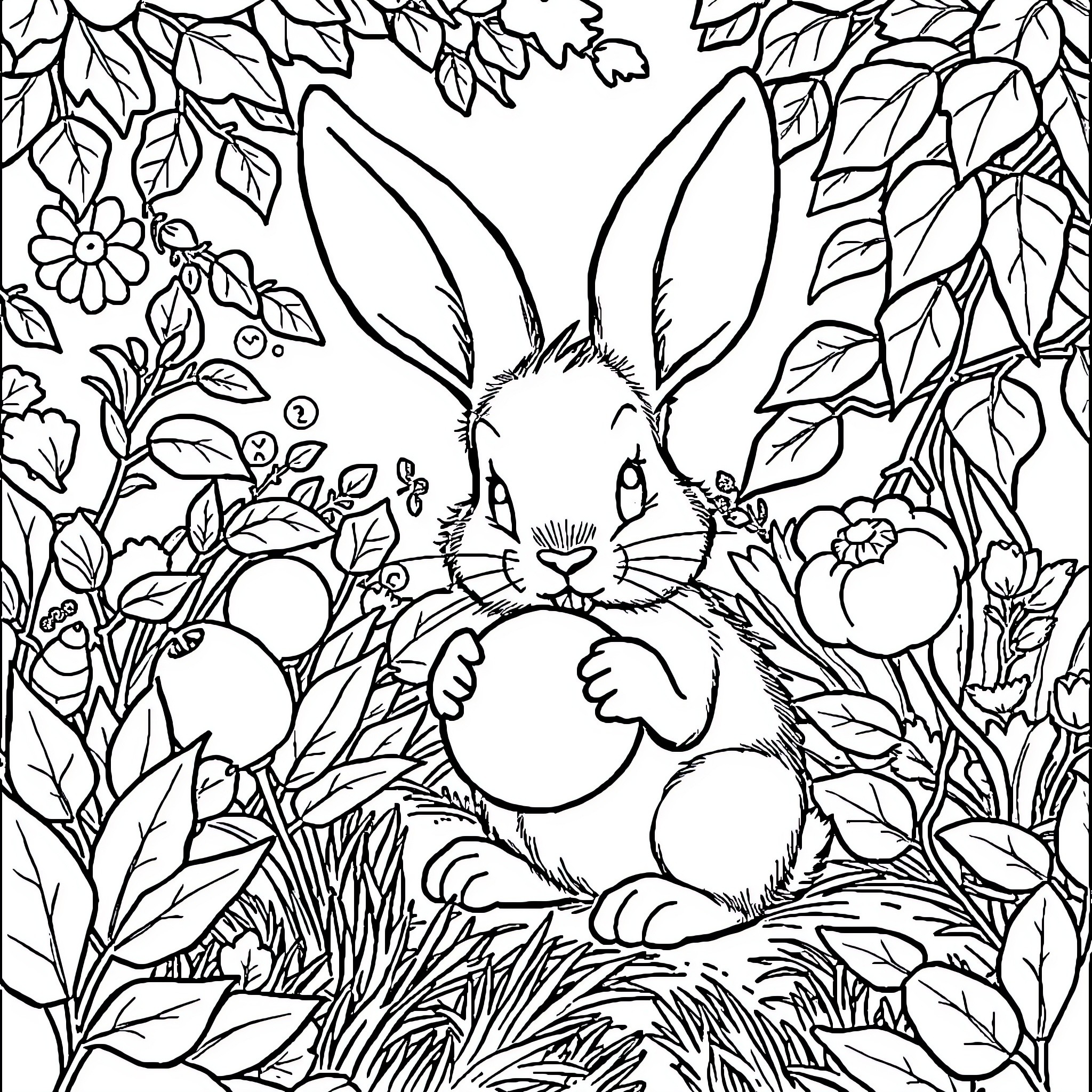 Rabbit enjoying nature surrounded by flowers Coloring Page (free black-and-white line drawing printable PDF for all, from beginners to advanced learners, including children, teens, adults, and seniors)