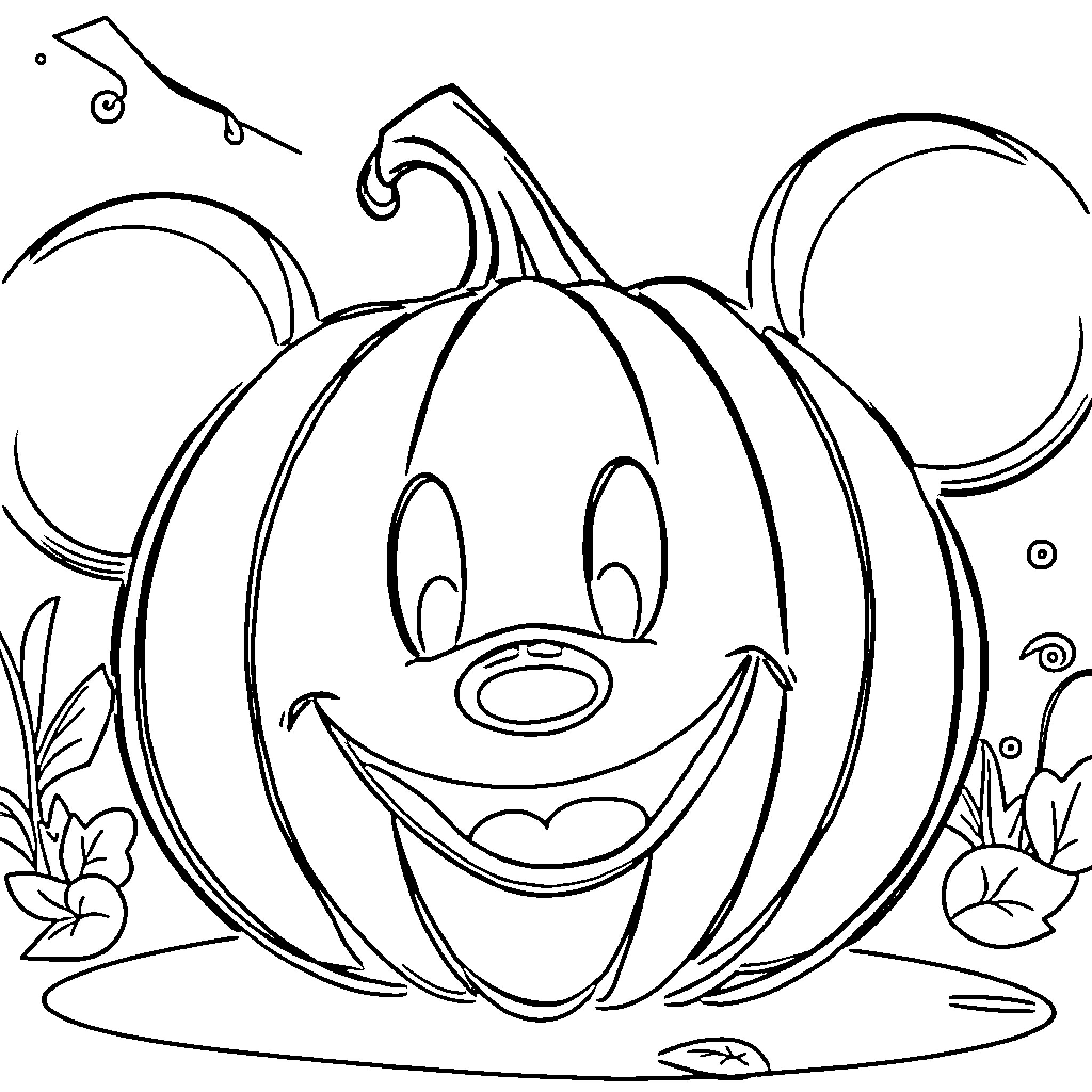 Mickey's Smiling Pumpkin in the Garden Coloring Page (free black-and-white line drawing printable PDF for all, from beginners to advanced learners, including children, teens, adults, and seniors)