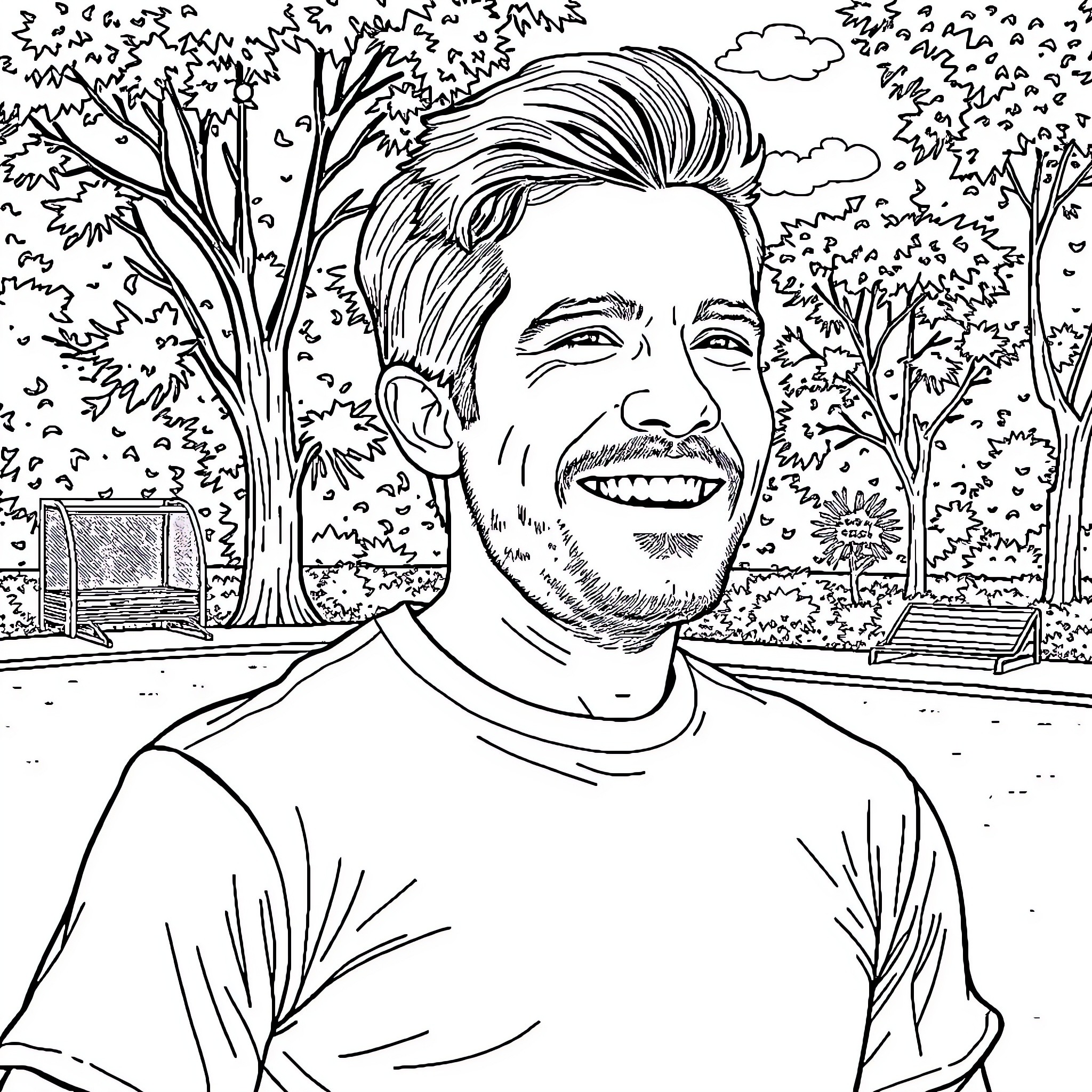 Pedro Pascal smiling in a park setting Coloring Page (free black-and-white line drawing printable PDF for all, from beginners to advanced learners, including children, teens, adults, and seniors)