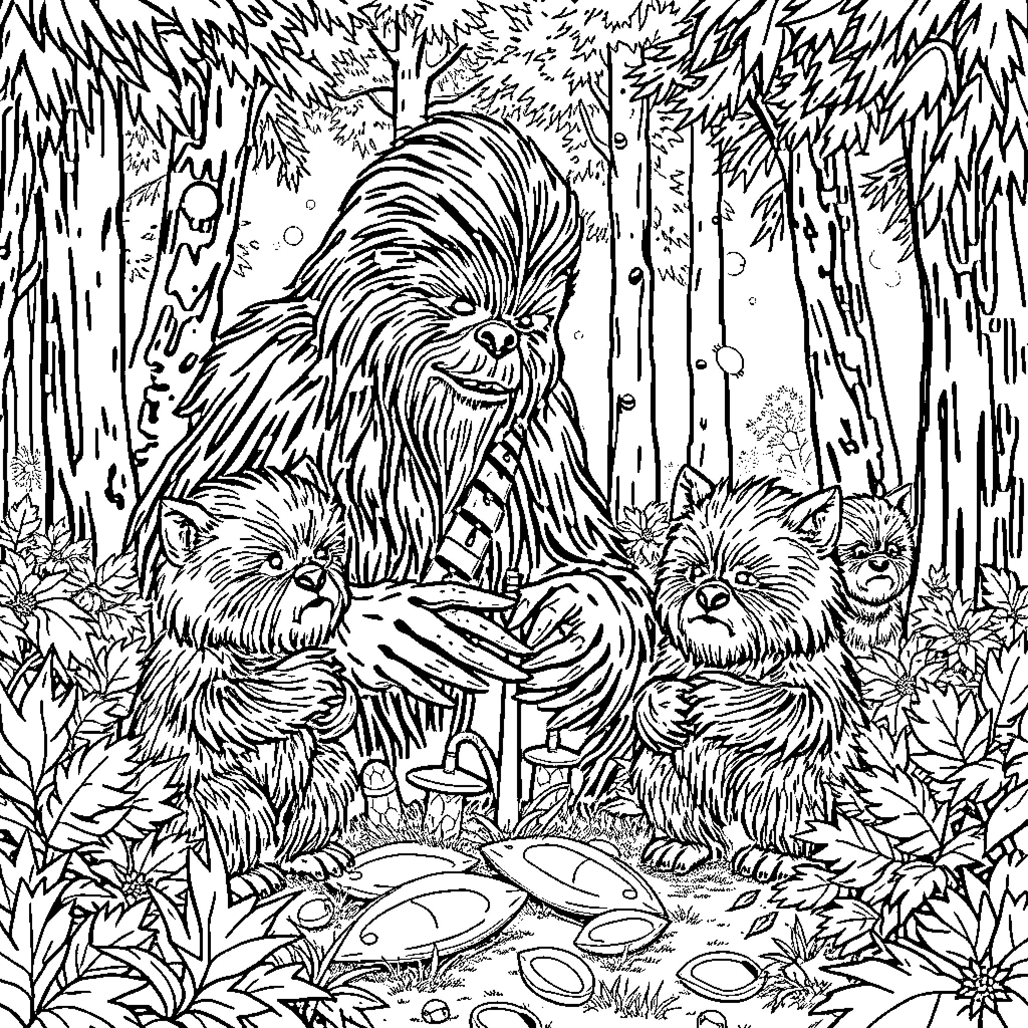 Wookie Family in the Enchanted Forest Coloring Page (free black-and-white line drawing printable PDF for all, from beginners to advanced learners, including children, teens, adults, and seniors)