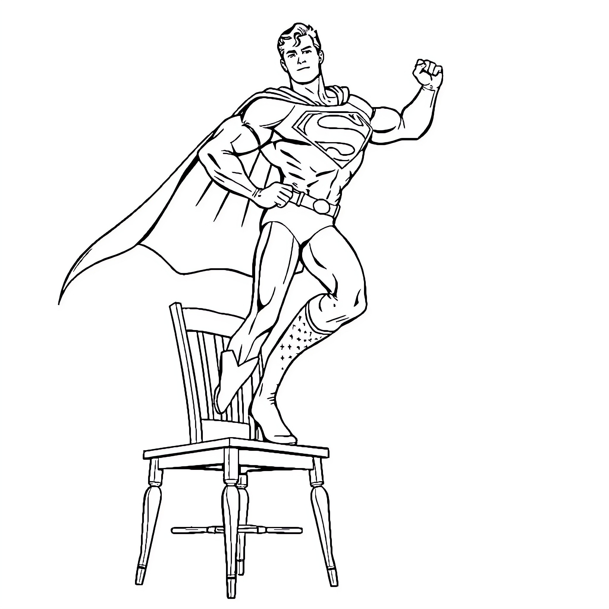 Superman in heroic pose on chair Coloring Page (free black-and-white line drawing printable PDF for all, from beginners to advanced learners, including children, teens, adults, and seniors)