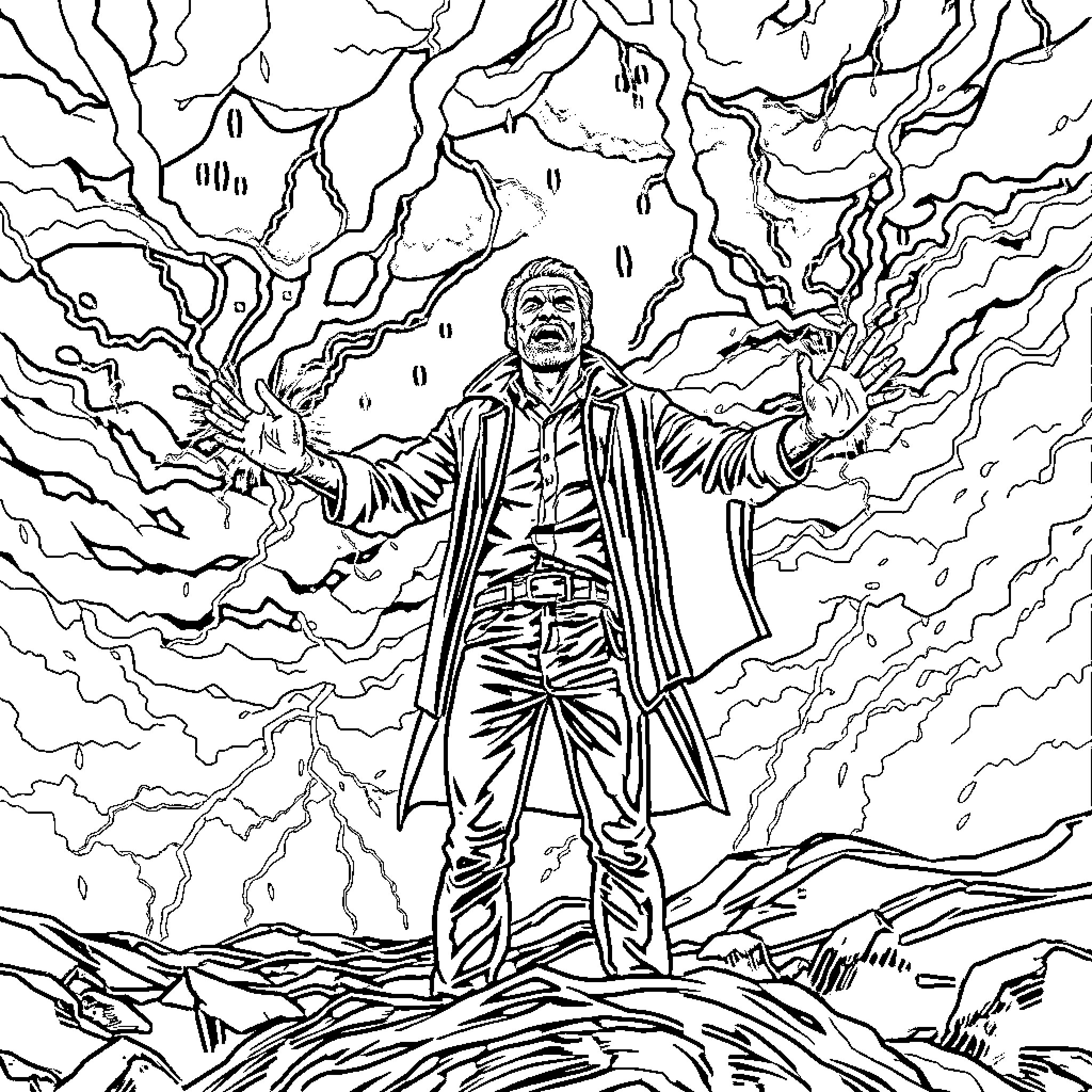 Man standing amidst a storm, arms outstretched Coloring Page (free black-and-white line drawing printable PDF for all, from beginners to advanced learners, including children, teens, adults, and seniors)
