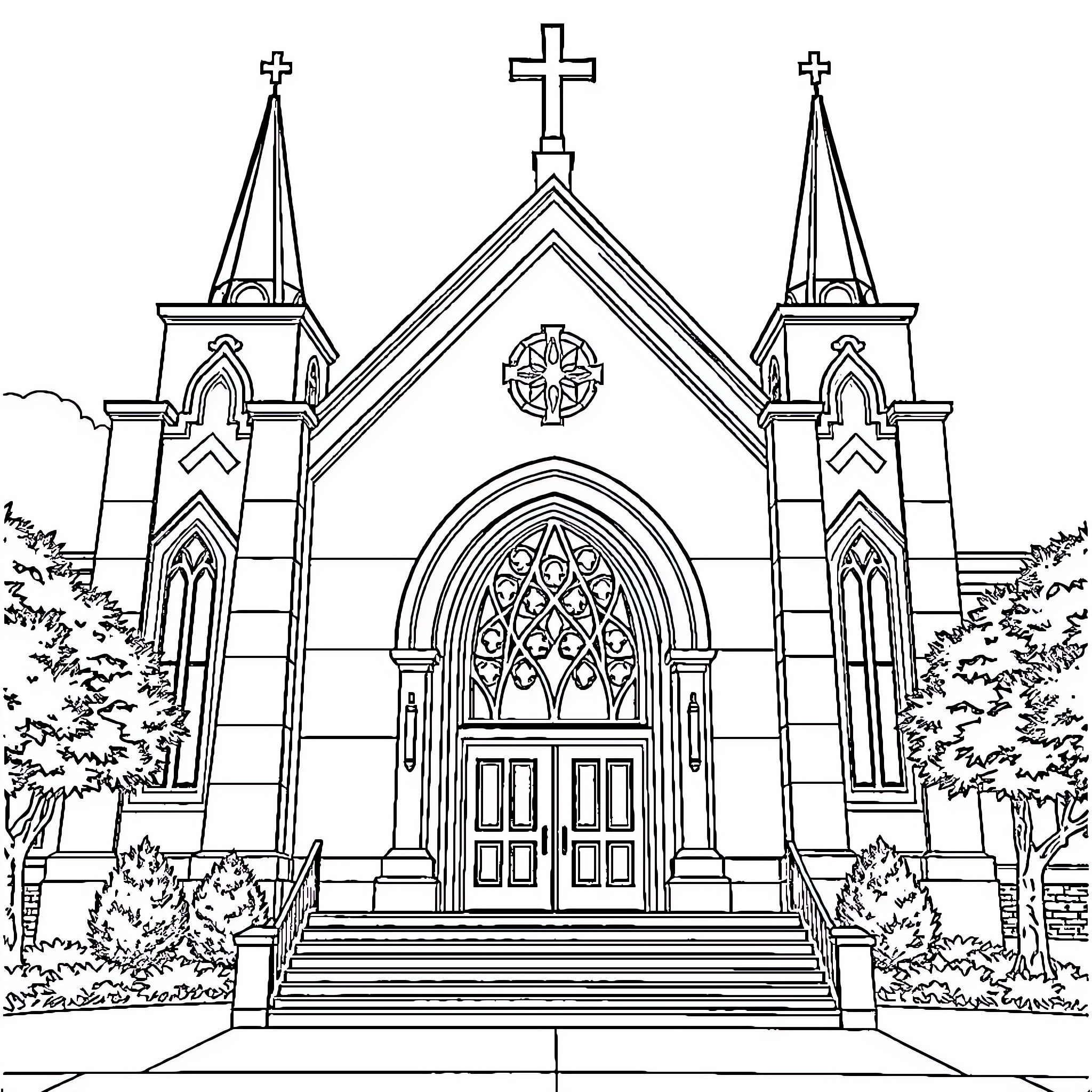 Chapel with ornate architecture and steeples Coloring Page (free black-and-white line drawing printable PDF for all, from beginners to advanced learners, including children, teens, adults, and seniors)