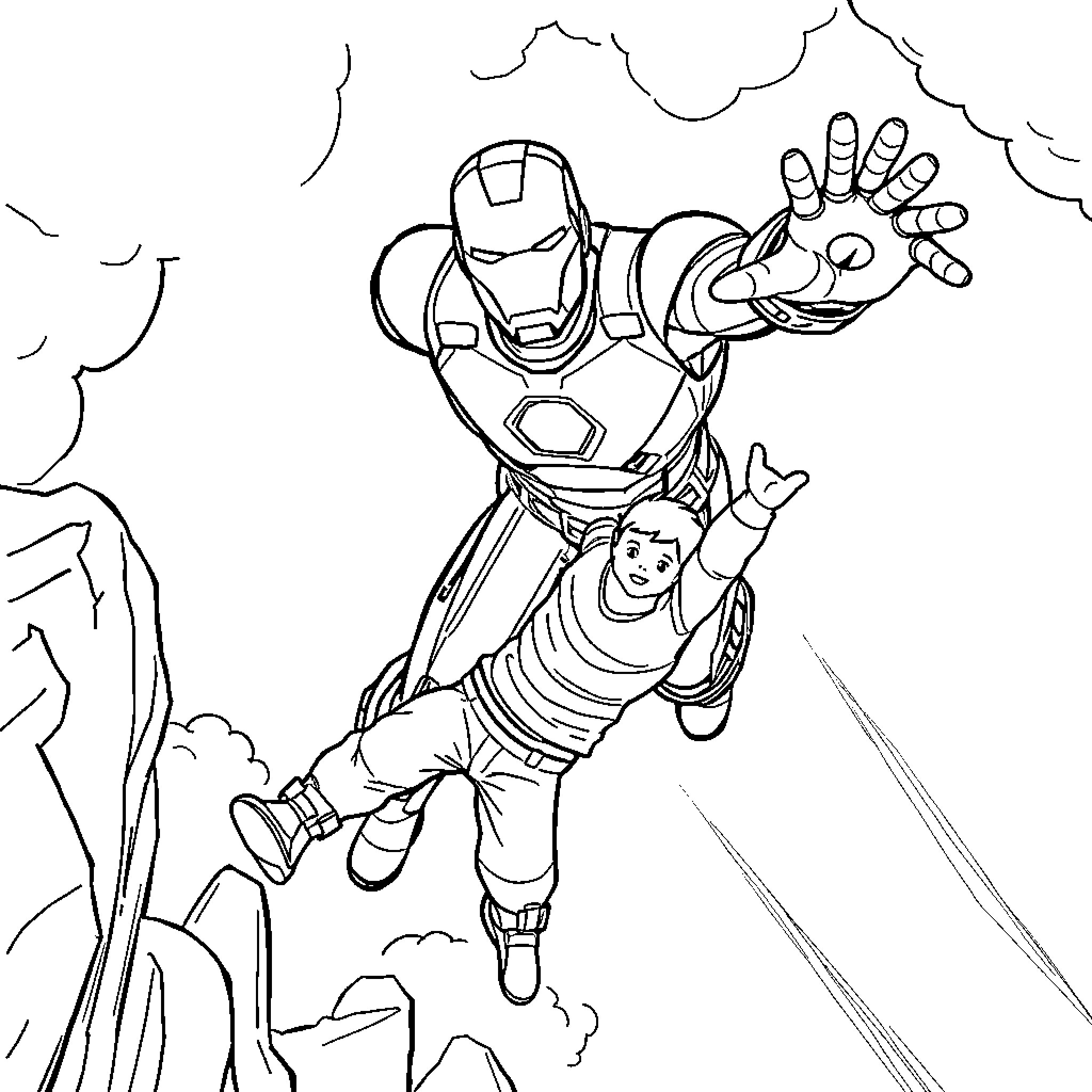 Ironman hero saving a person in distress Coloring Page (free black-and-white line drawing printable PDF for all, from beginners to advanced learners, including children, teens, adults, and seniors)