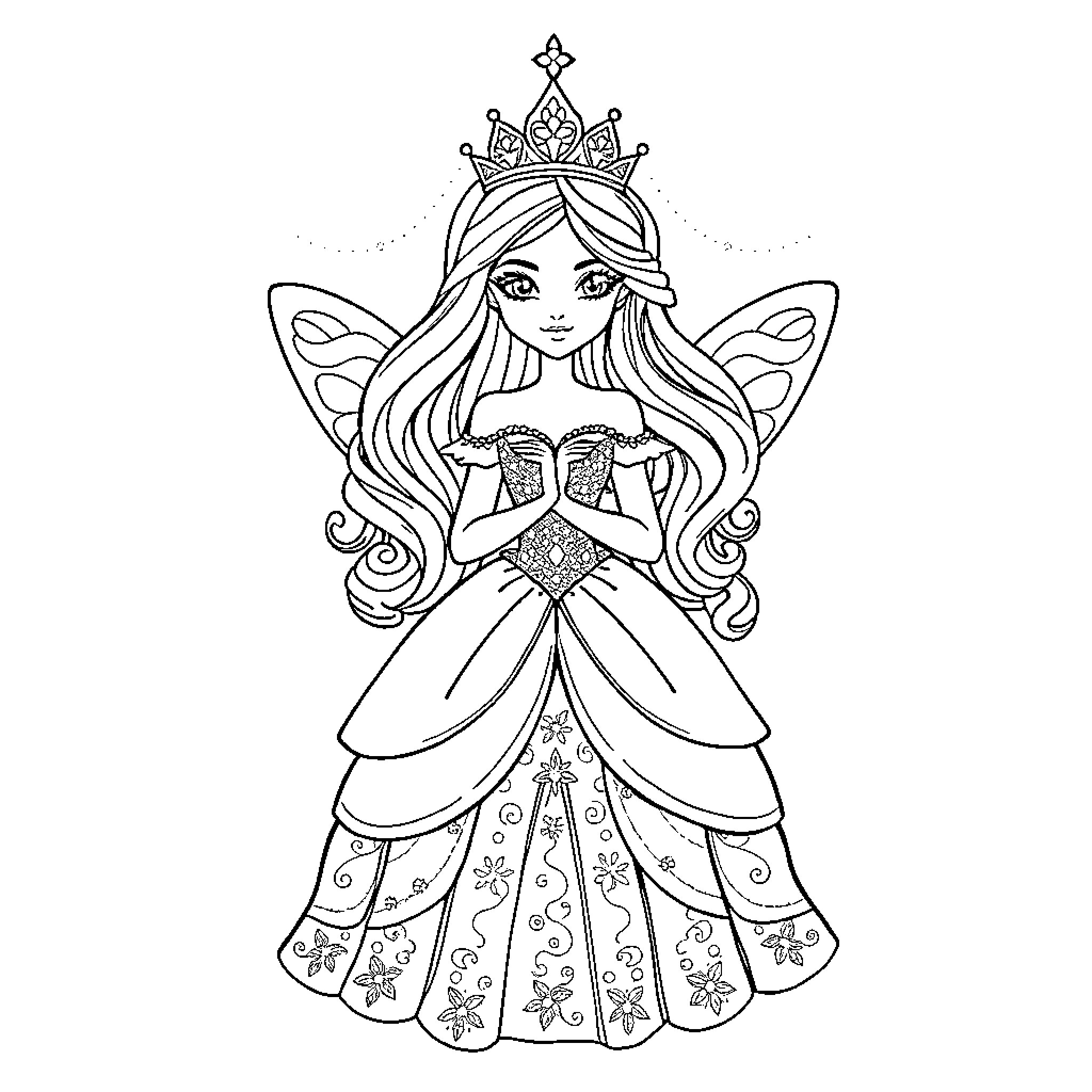 Princess in Elegant Dress and Crown Coloring Page (free black-and-white line drawing printable PDF for all, from beginners to advanced learners, including children, teens, adults, and seniors)