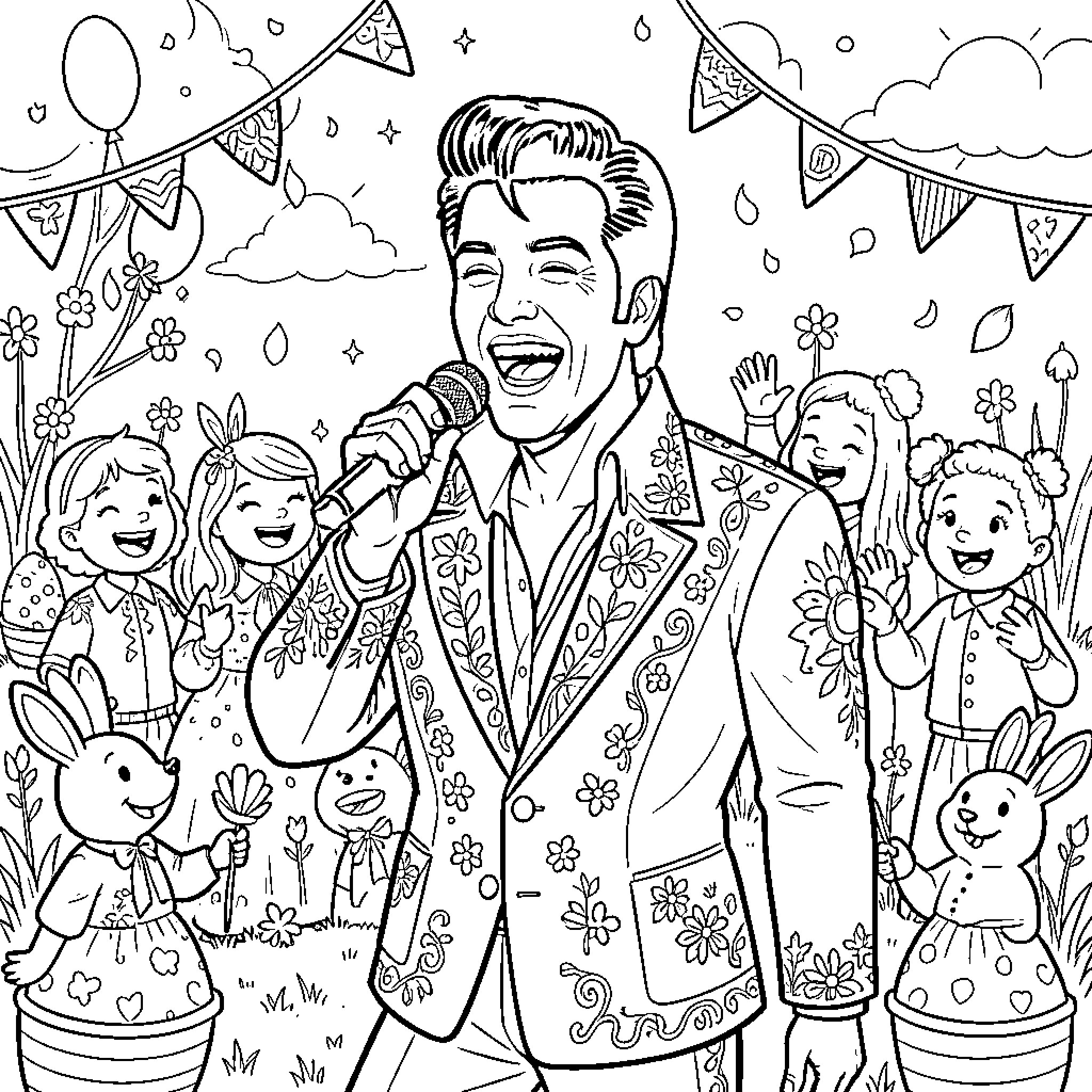 Elvis Performing for a Joyful Crowd Coloring Page (free black-and-white line drawing printable PDF for all, from beginners to advanced learners, including children, teens, adults, and seniors)