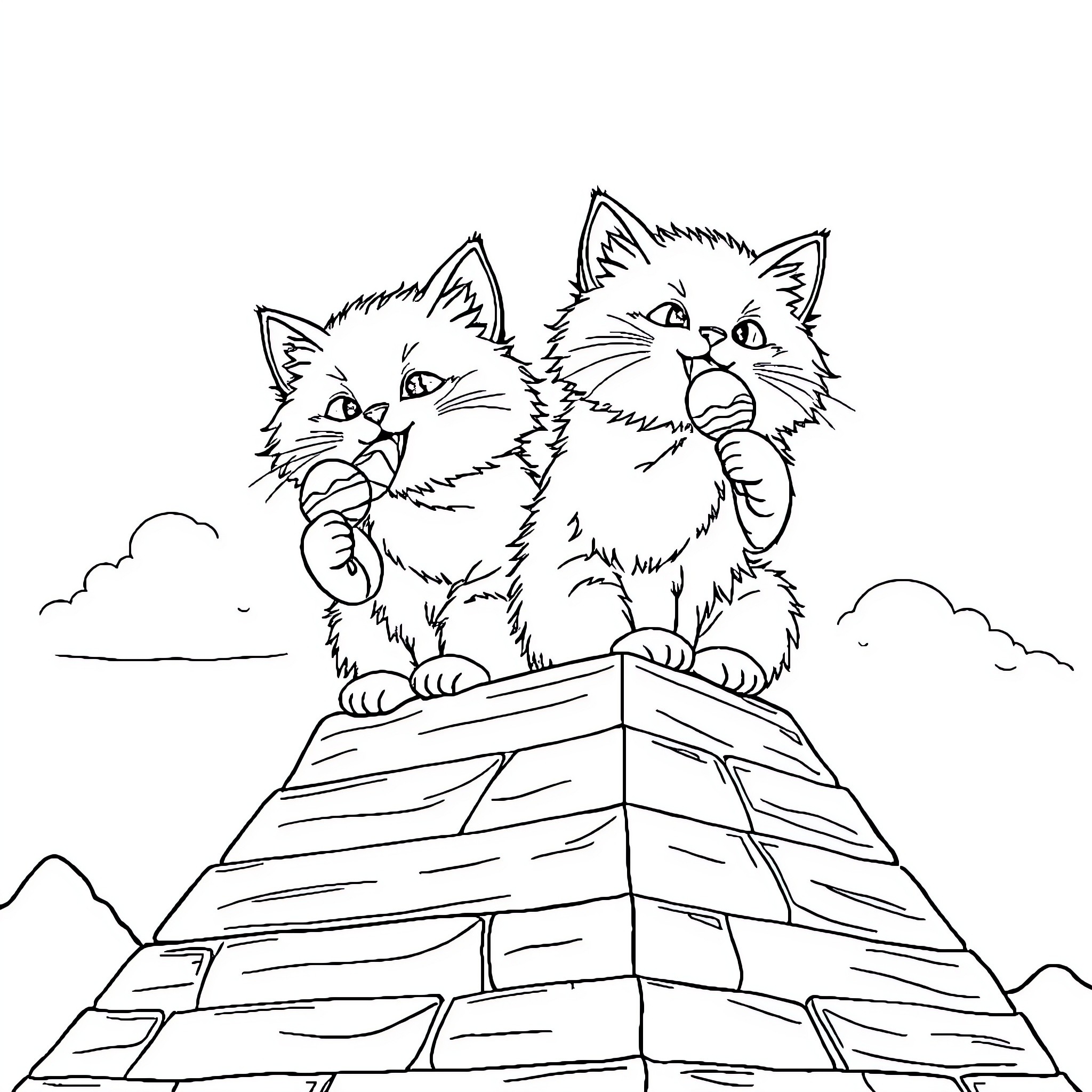 Cats exploring an ancient pyramid Coloring Page (free black-and-white line drawing printable PDF for all, from beginners to advanced learners, including children, teens, adults, and seniors)