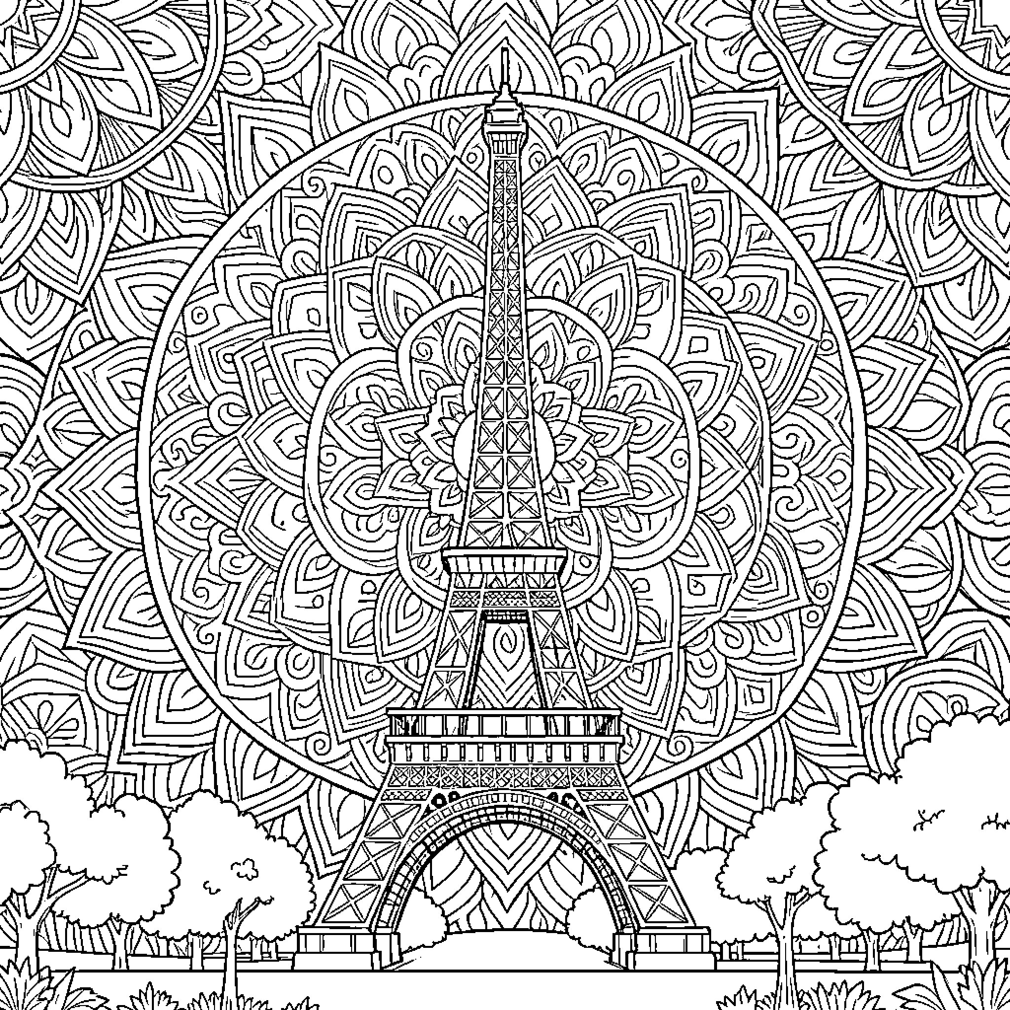 Eiffel Tower standing against an intricate mandala background Coloring Page (free black-and-white line drawing printable PDF for all, from beginners to advanced learners, including children, teens, adults, and seniors)