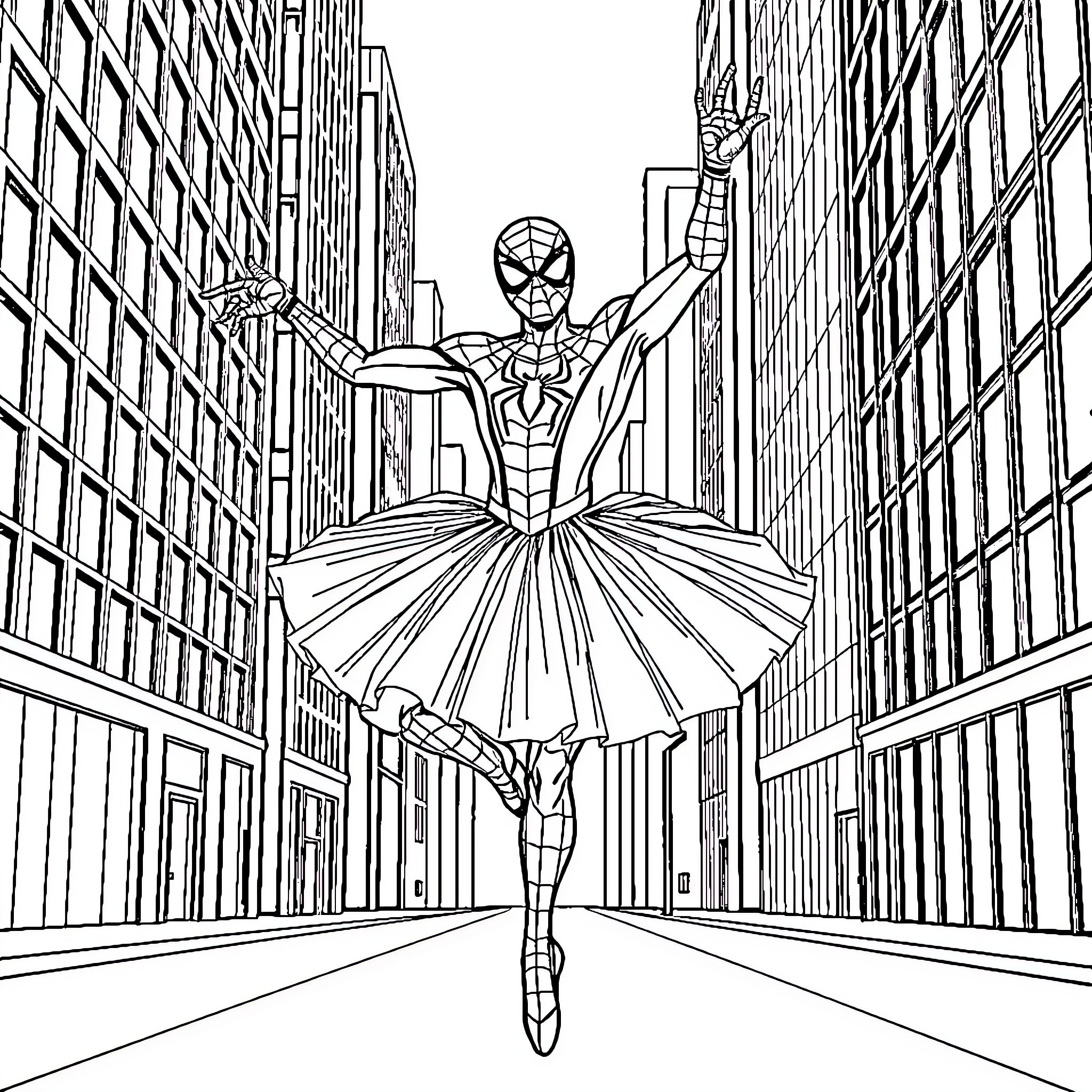Spider-Hero dancing gracefully in the city Coloring Page (free black-and-white line drawing printable PDF for all, from beginners to advanced learners, including children, teens, adults, and seniors)