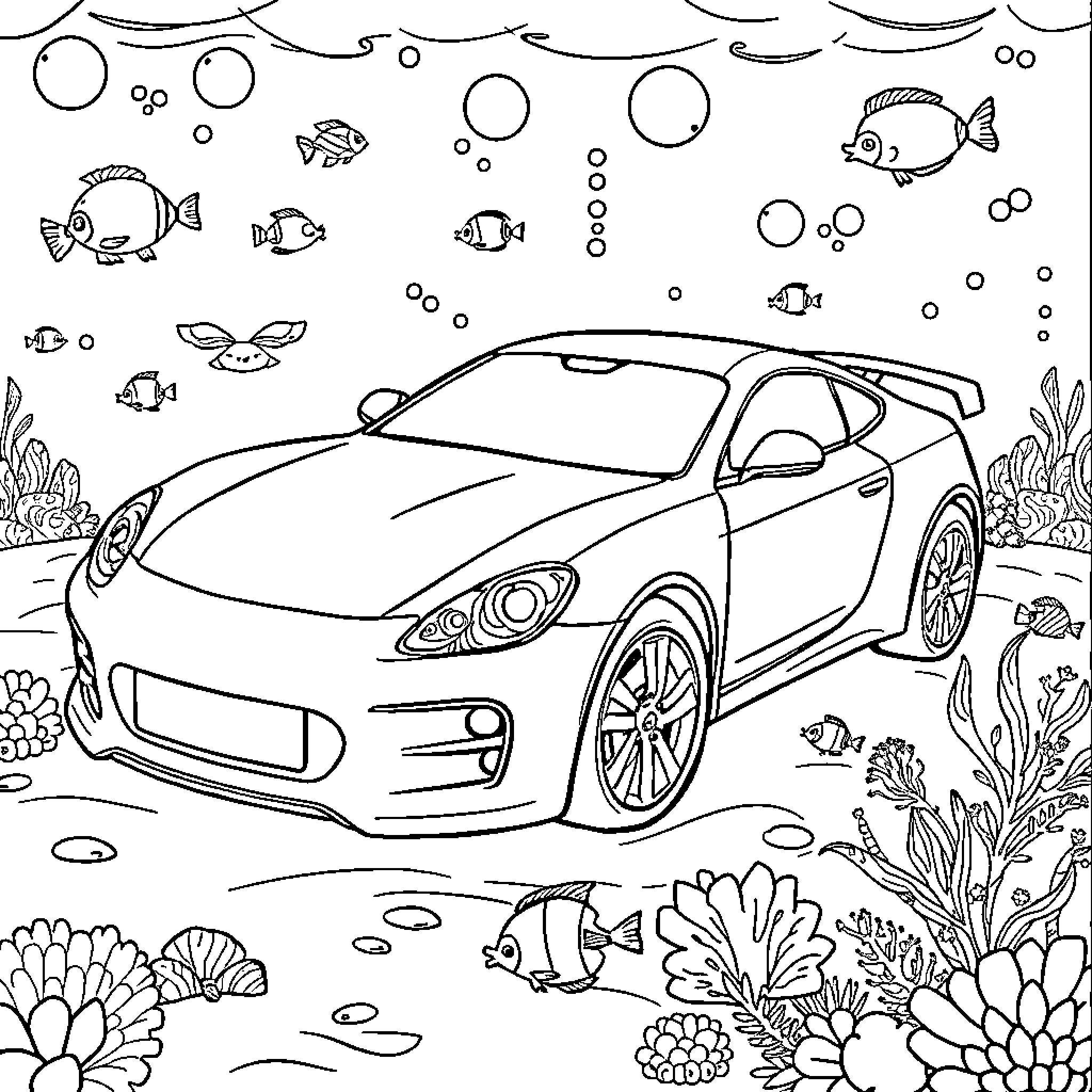 Car underwater with sea creatures Coloring Page (free black-and-white line drawing printable PDF for all, from beginners to advanced learners, including children, teens, adults, and seniors)