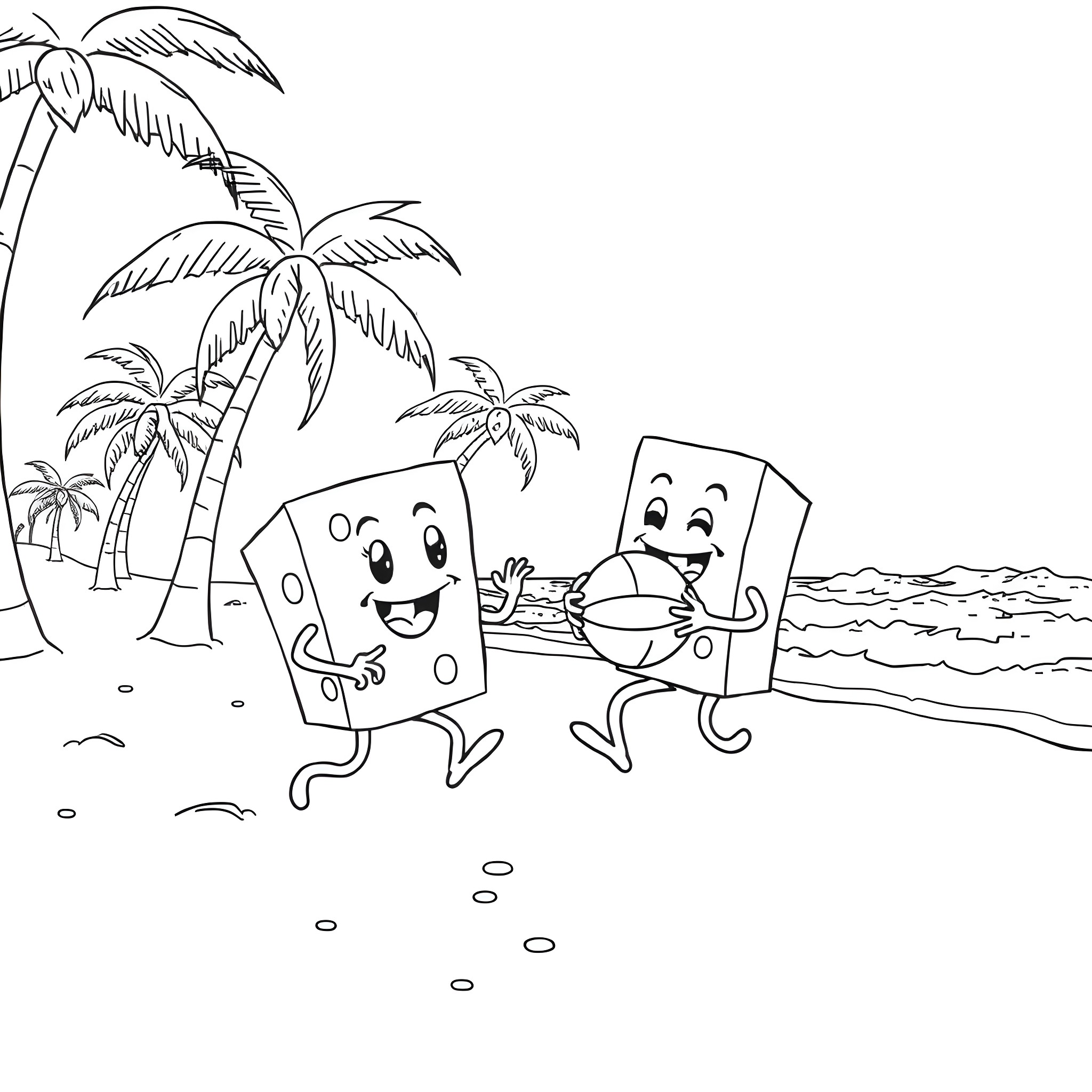Cheese Friends Enjoying a Beach Adventure Coloring Page (free black-and-white line drawing printable PDF for all, from beginners to advanced learners, including children, teens, adults, and seniors)