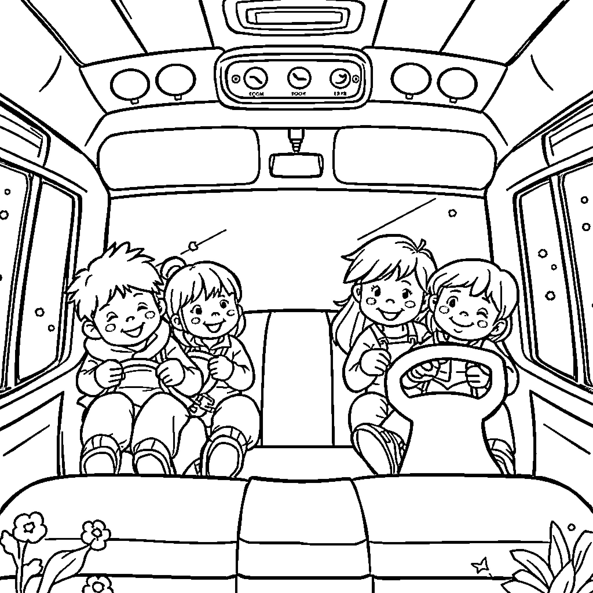Teacher and students on a school bus Coloring Page (free black-and-white line drawing printable PDF for all, from beginners to advanced learners, including children, teens, adults, and seniors)