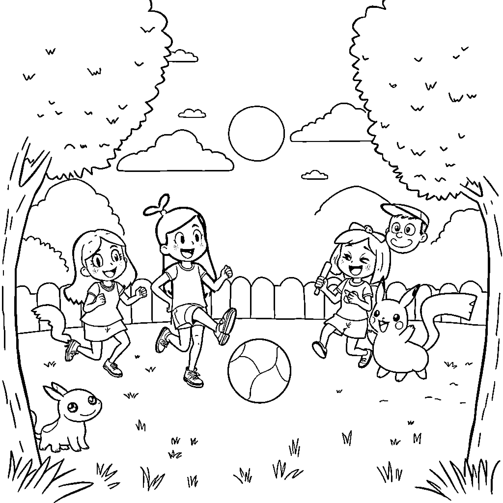 Belcher Family Enjoying a Sunny Outdoor Adventure Coloring Page (free black-and-white line drawing printable PDF for all, from beginners to advanced learners, including children, teens, adults, and seniors)
