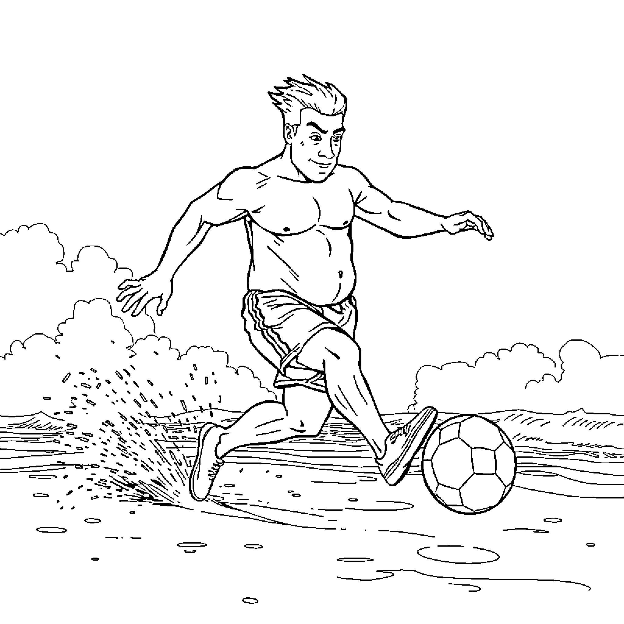 Shark playing soccer enthusiastically on the field Coloring Page (free black-and-white line drawing printable PDF for all, from beginners to advanced learners, including children, teens, adults, and seniors)
