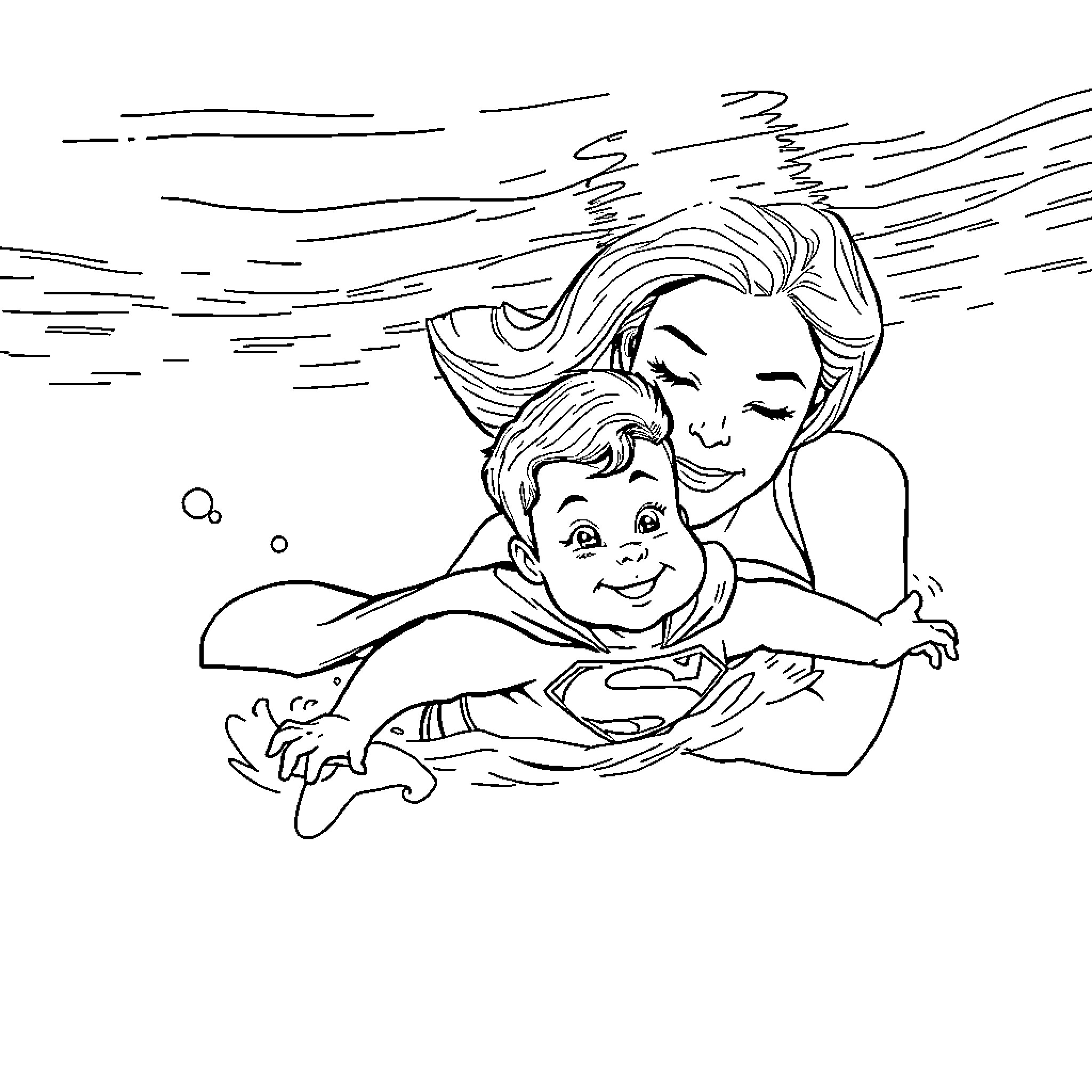 Superman and child soaring through the sky Coloring Page (free black-and-white line drawing printable PDF for all, from beginners to advanced learners, including children, teens, adults, and seniors)