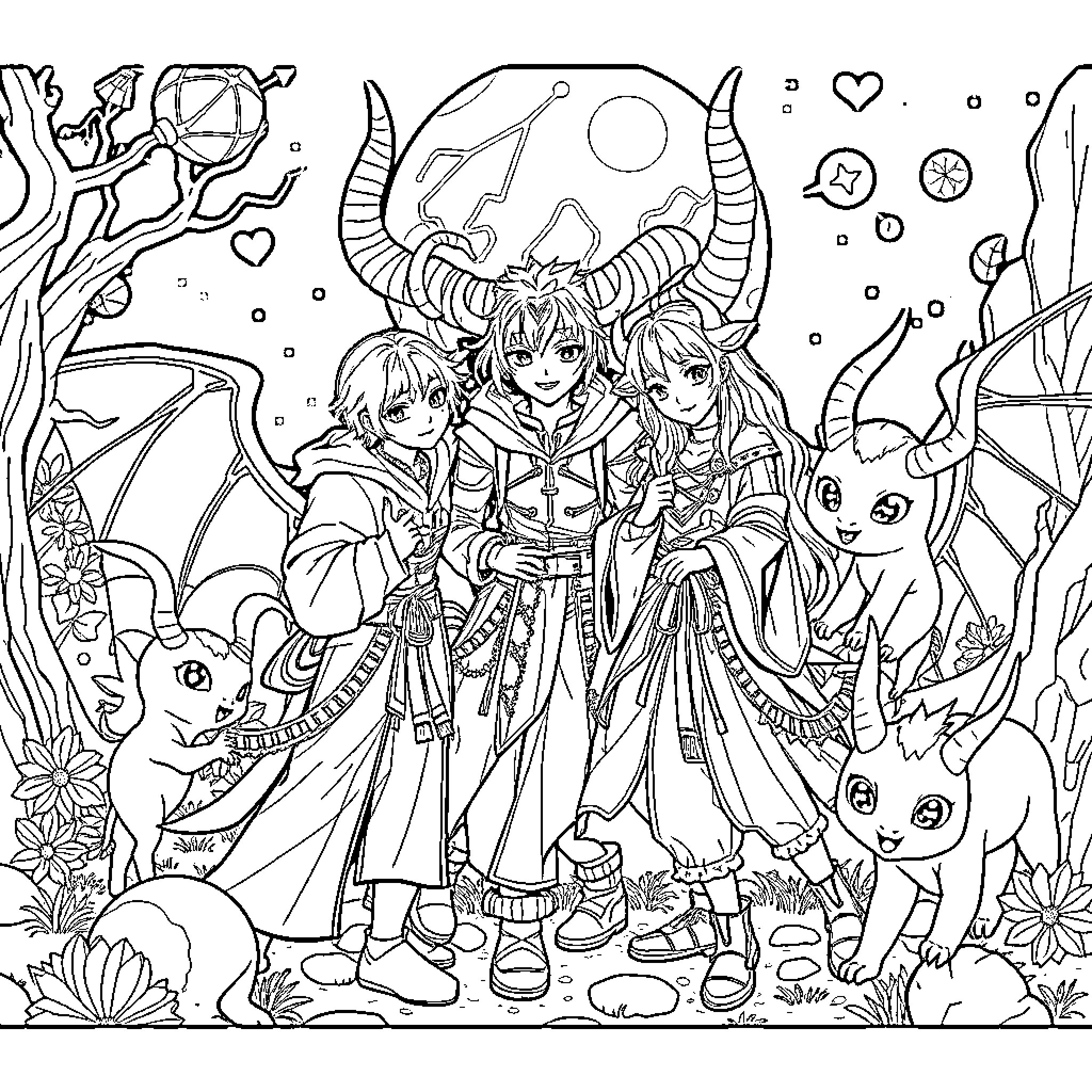 Demon Hunter characters in an fantastical scene Coloring Page (free black-and-white line drawing printable PDF for all, from beginners to advanced learners, including children, teens, adults, and seniors)