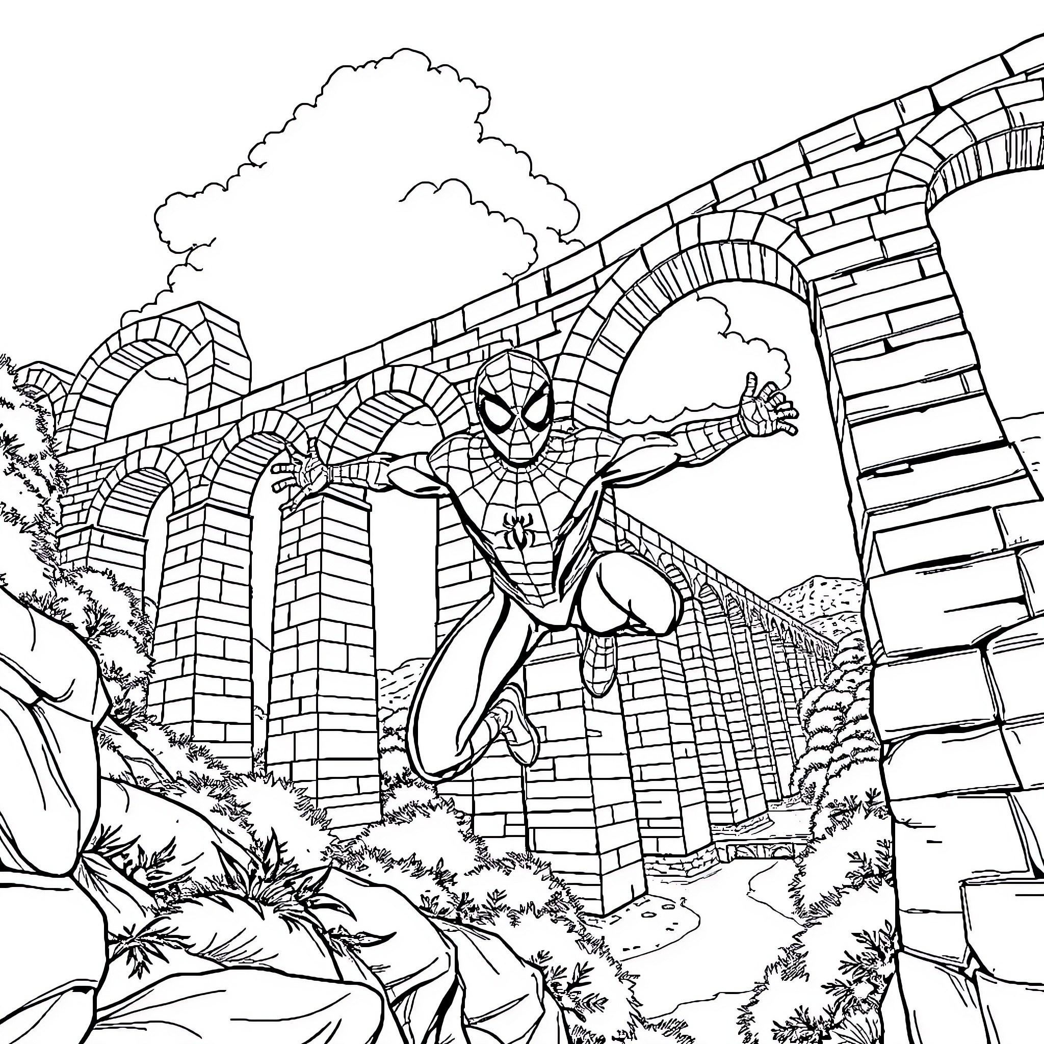 Spiderman swinging through city ruins Coloring Page (free black-and-white line drawing printable PDF for all, from beginners to advanced learners, including children, teens, adults, and seniors)