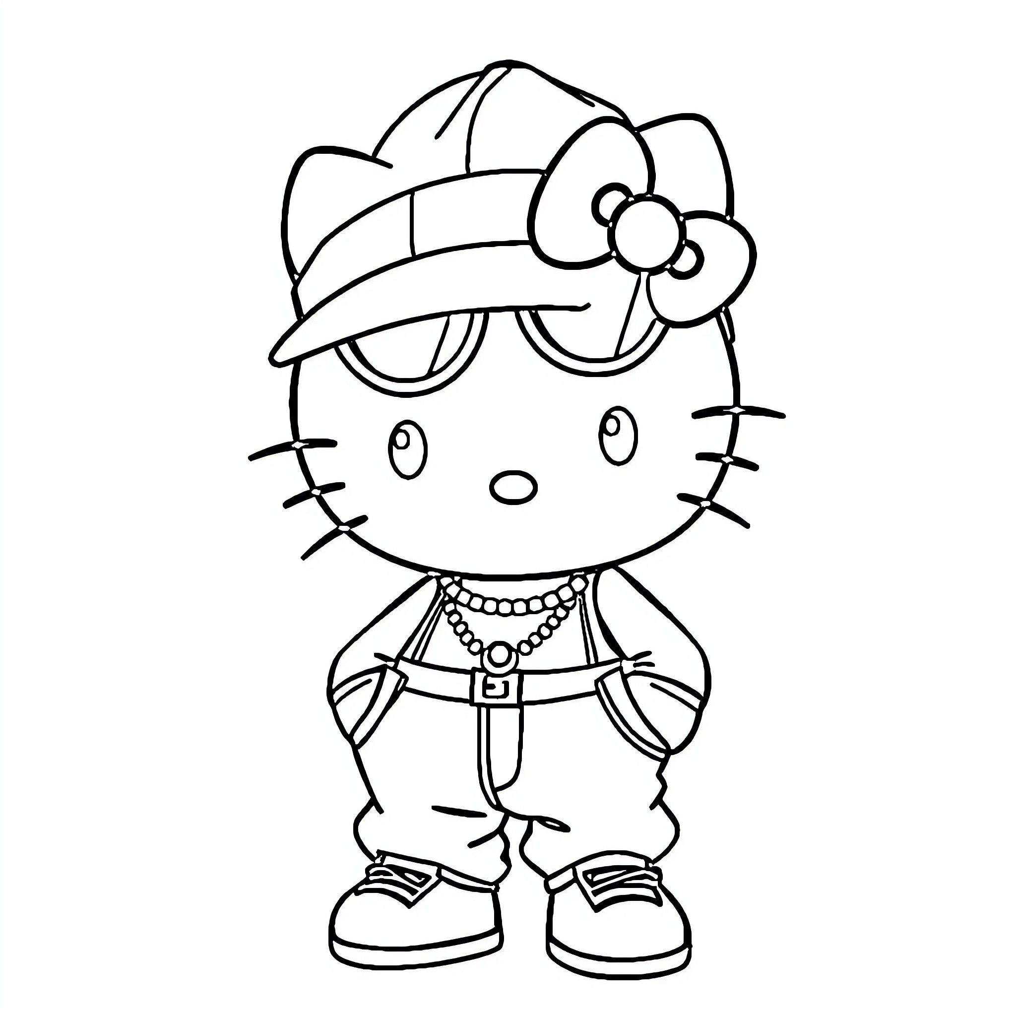 Hello Kitty dressed in adventurer outfit Coloring Page (free black-and-white line drawing printable PDF for all, from beginners to advanced learners, including children, teens, adults, and seniors)