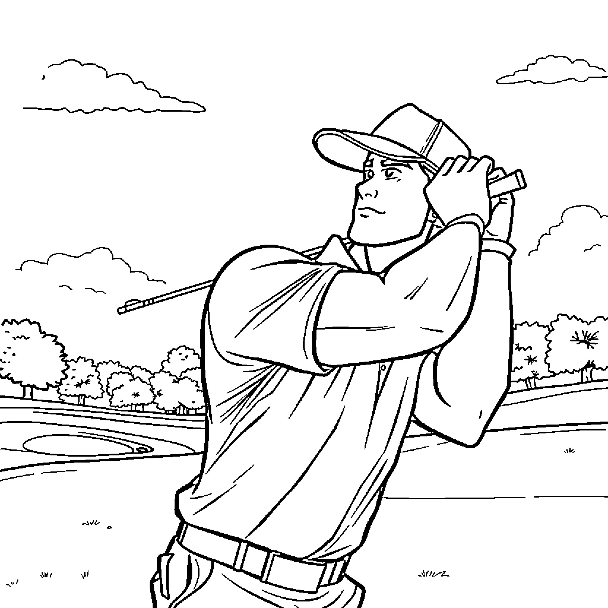 Superman examining nature through binoculars in the countryside Coloring Page (free black-and-white line drawing printable PDF for all, from beginners to advanced learners, including children, teens, adults, and seniors)