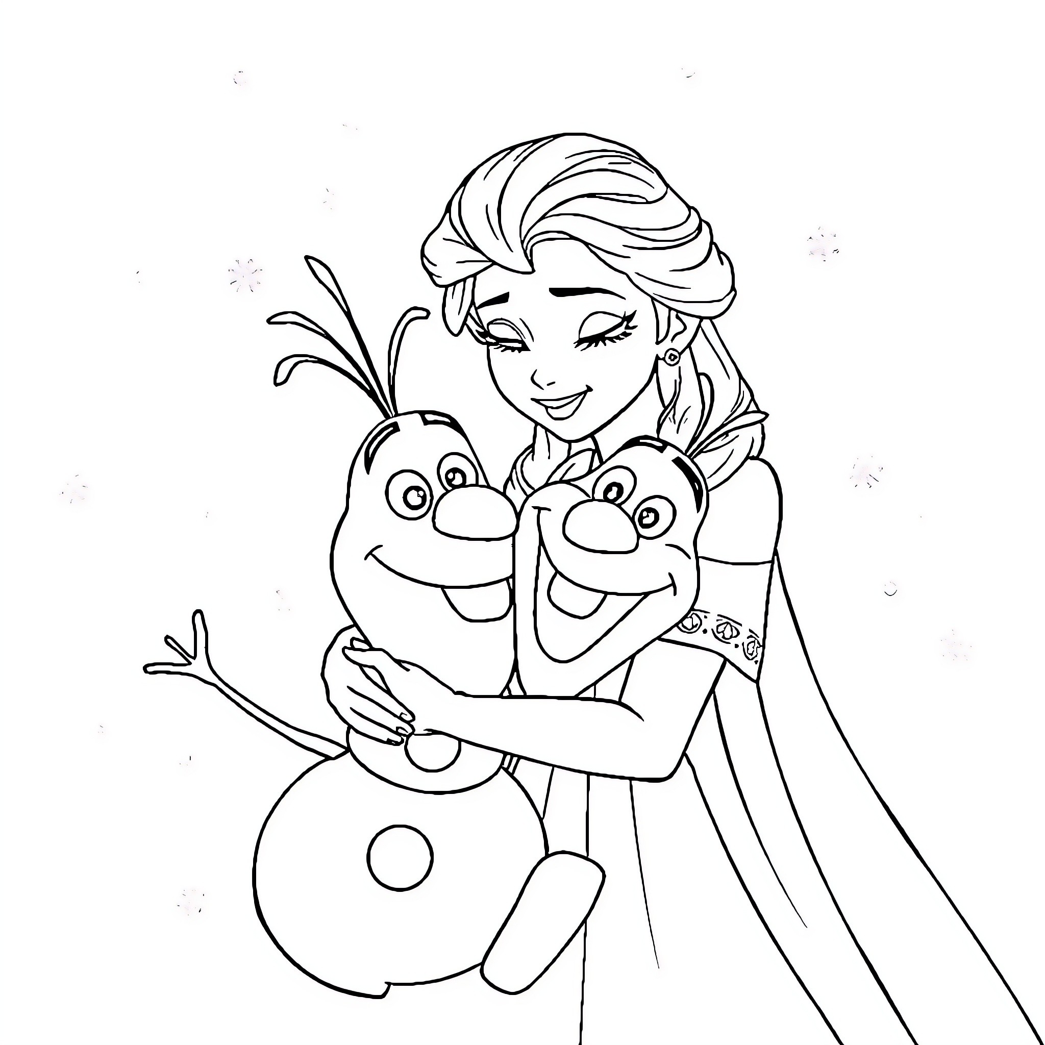 Elsa embracing Olaf in a joyful scene Coloring Page (free black-and-white line drawing printable PDF for all, from beginners to advanced learners, including children, teens, adults, and seniors)