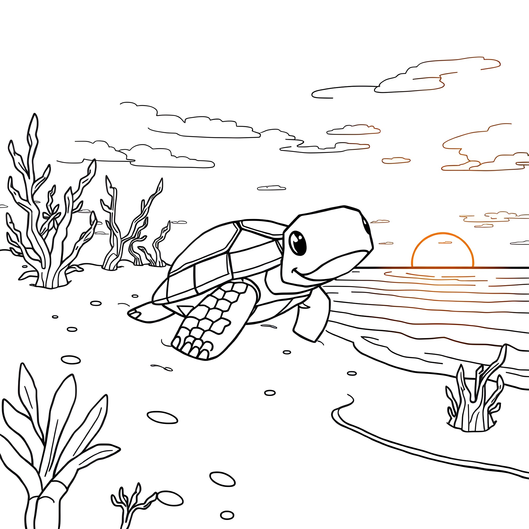 Turtle swimming in the underwater seascape Coloring Page (free black-and-white line drawing printable PDF for all, from beginners to advanced learners, including children, teens, adults, and seniors)