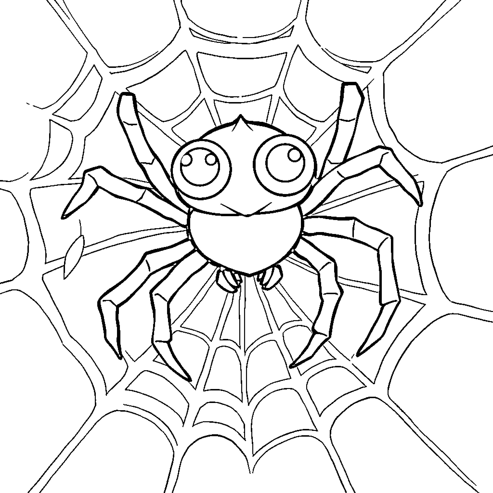 Spider playing happily on the web Coloring Page (free black-and-white line drawing printable PDF for all, from beginners to advanced learners, including children, teens, adults, and seniors)