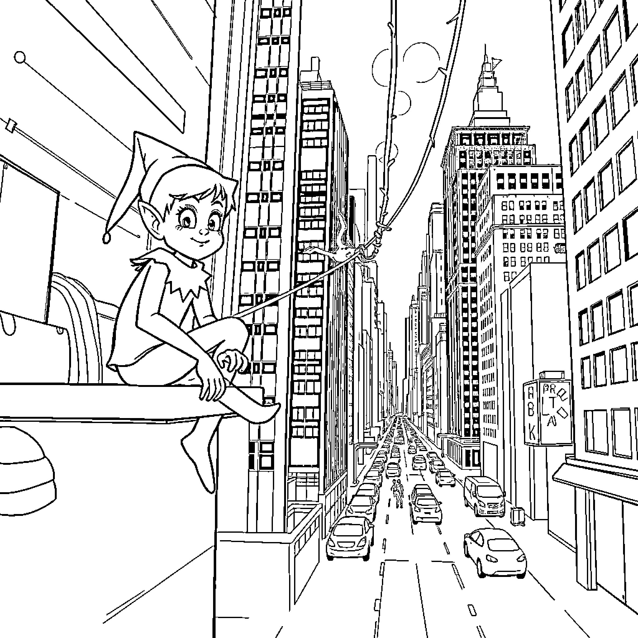 Elf enjoying the view from a city rooftop Coloring Page (free black-and-white line drawing printable PDF for all, from beginners to advanced learners, including children, teens, adults, and seniors)