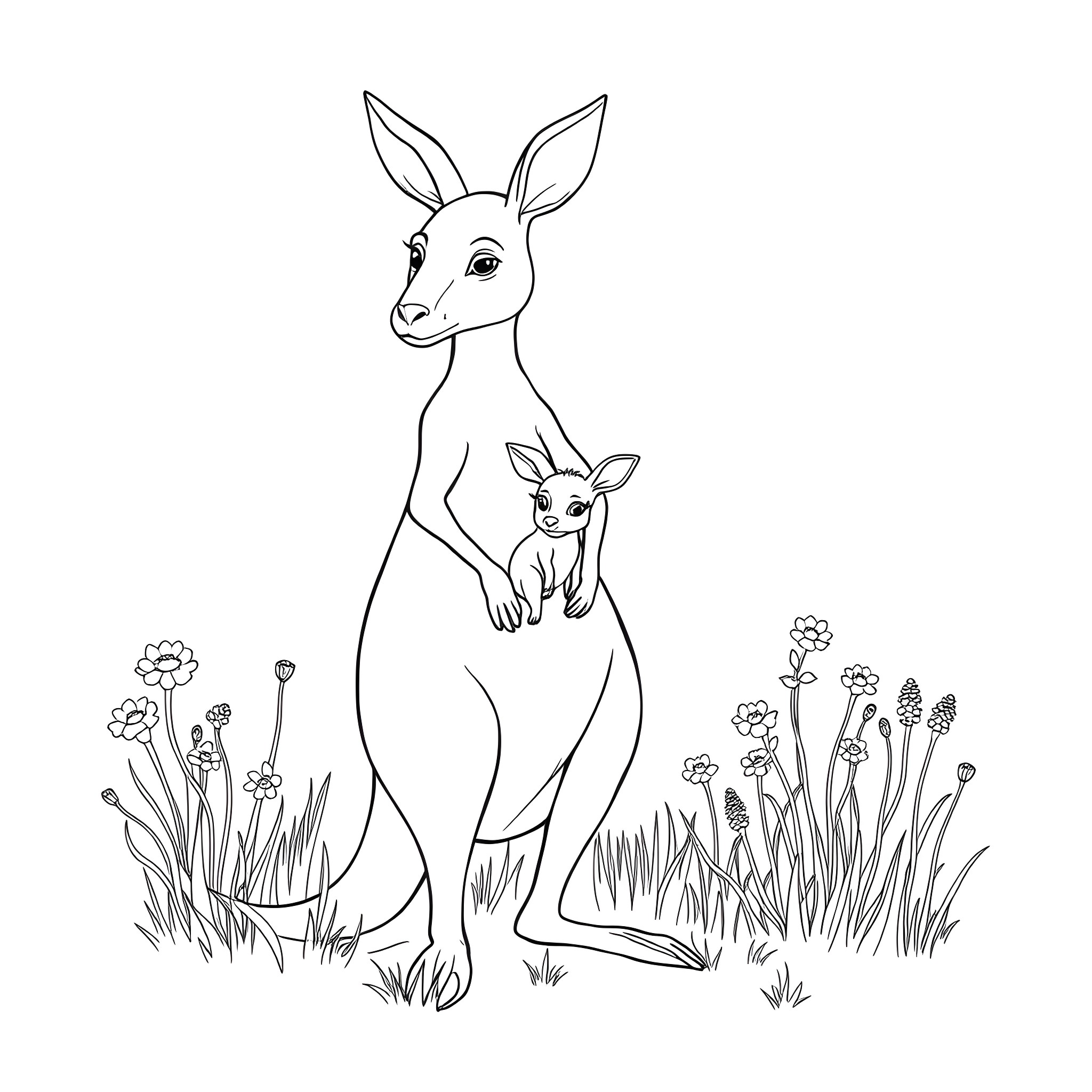 Kangaroo and joey in the meadow Coloring Page (free black-and-white line drawing printable PDF for all, from beginners to advanced learners, including children, teens, adults, and seniors)