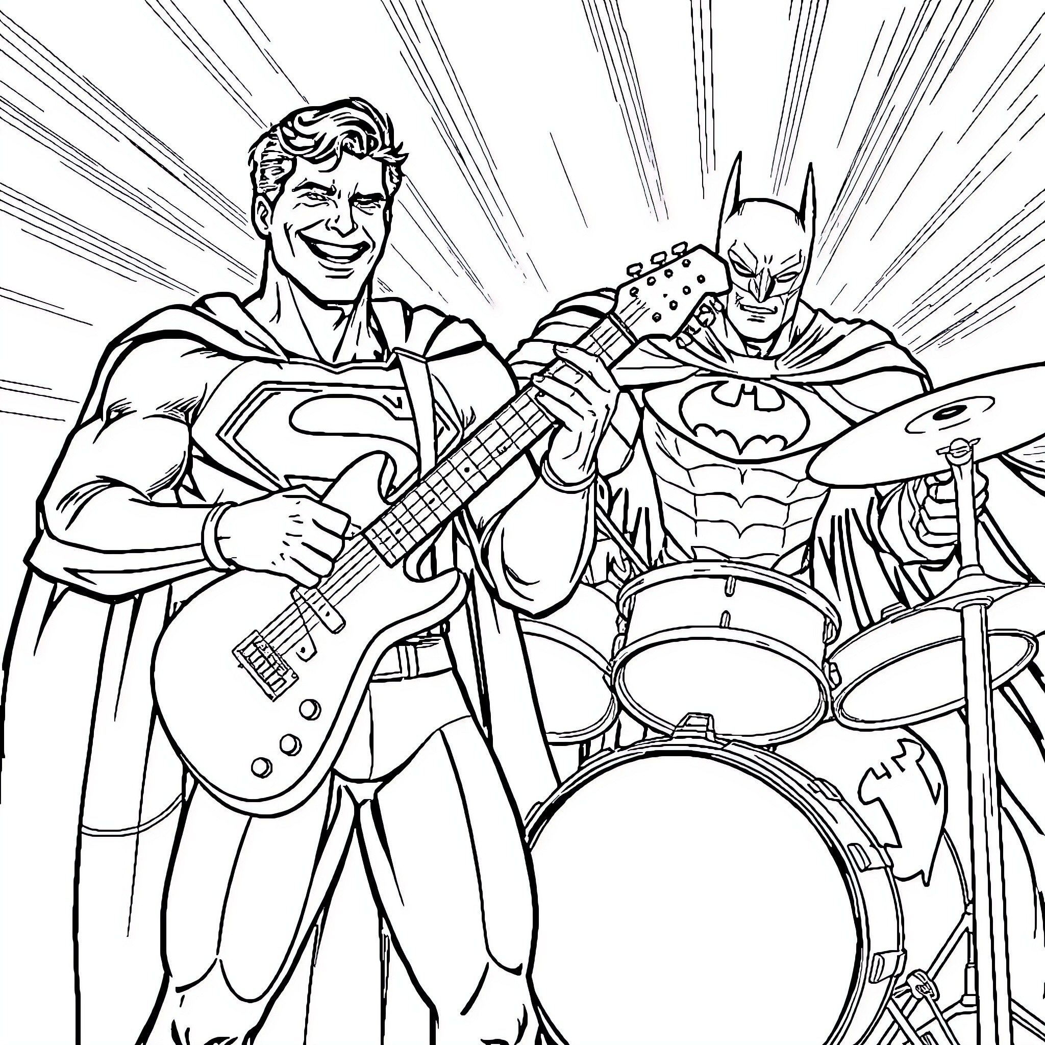 Superhero Musicians Rocking Out Together Coloring Page (free black-and-white line drawing printable PDF for all, from beginners to advanced learners, including children, teens, adults, and seniors)
