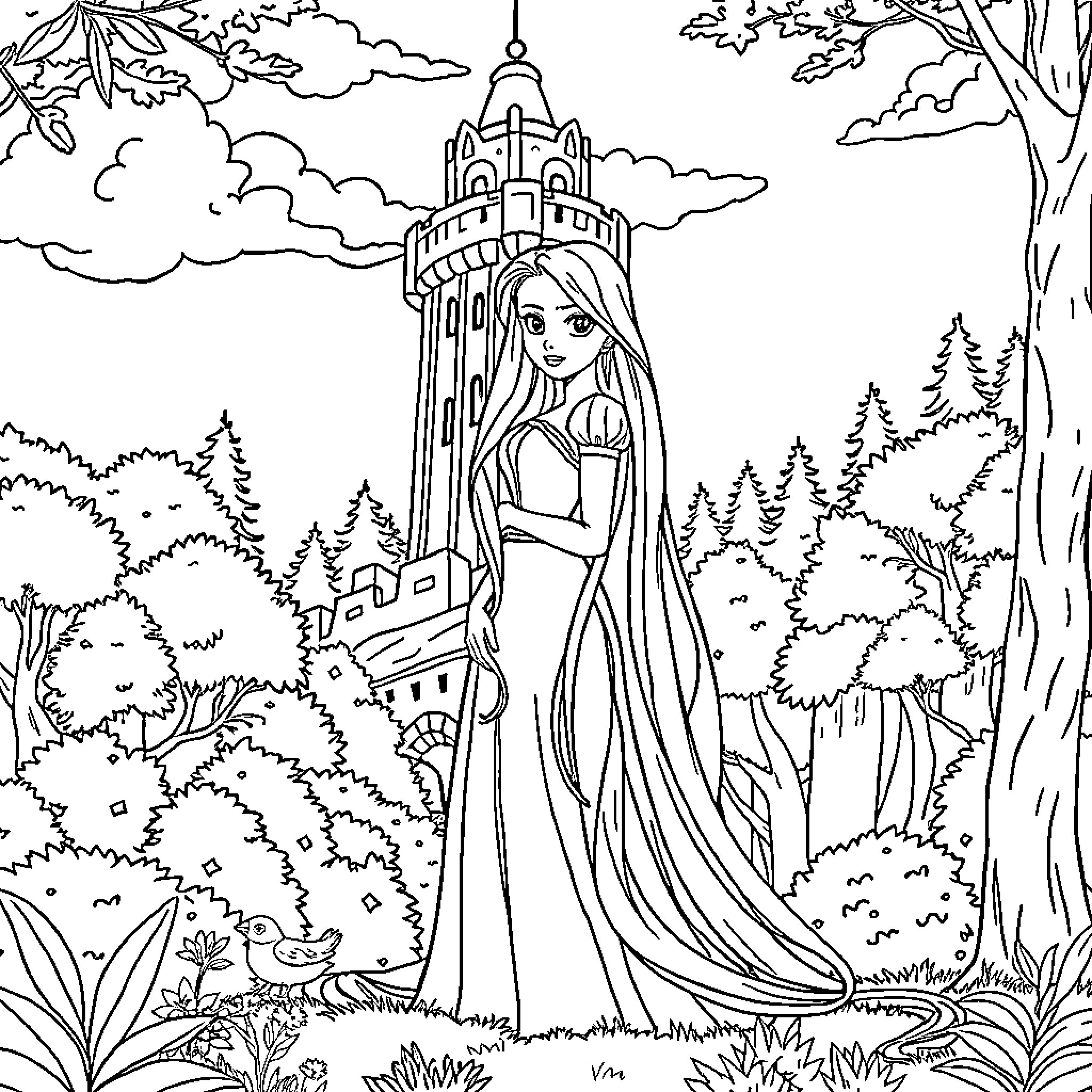 Rapunzel admiring her long flowing hair in enchanted forest Coloring Page (free black-and-white line drawing printable PDF for all, from beginners to advanced learners, including children, teens, adults, and seniors)