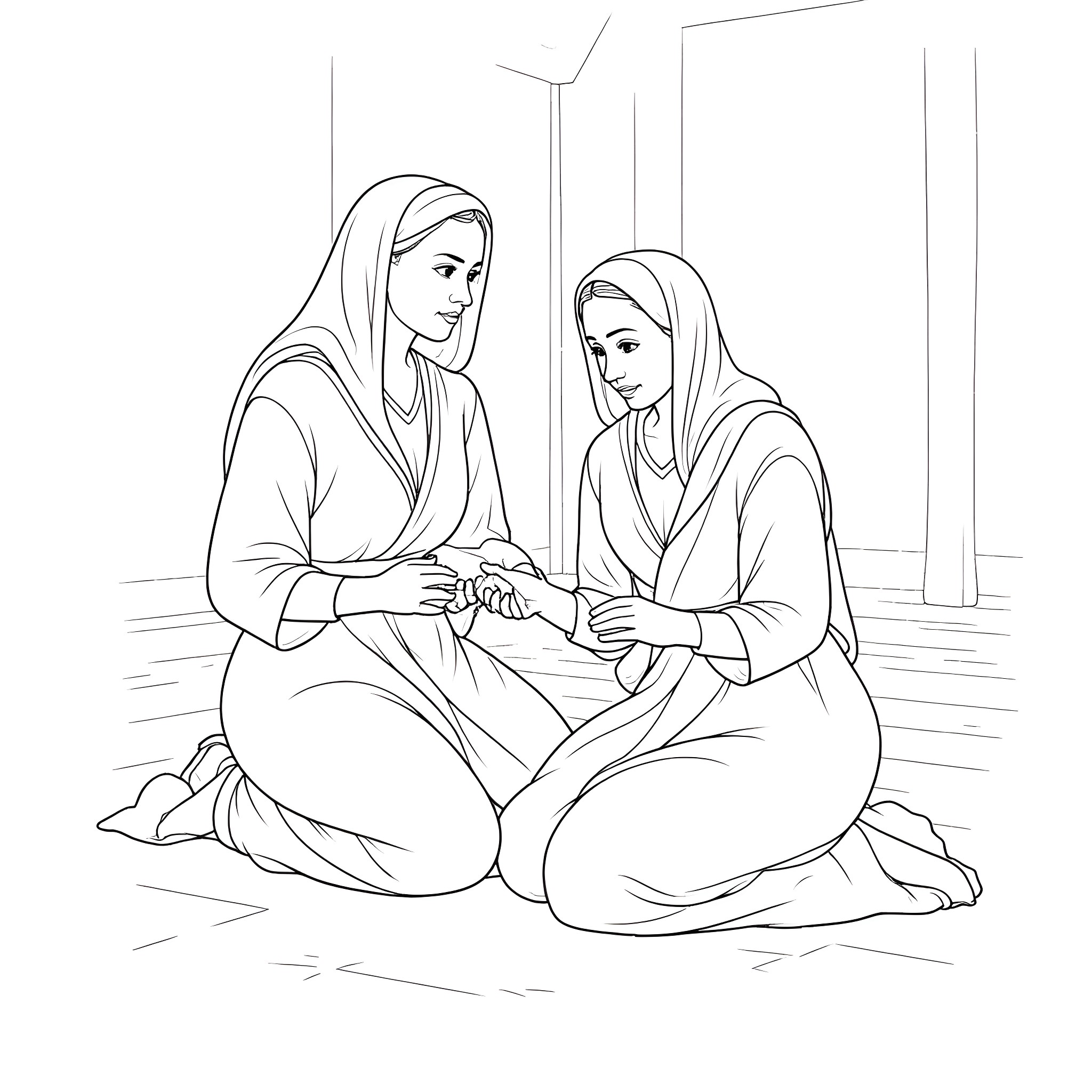 Midwife assisting a woman during childbirth Coloring Page (free black-and-white line drawing printable PDF for all, from beginners to advanced learners, including children, teens, adults, and seniors)