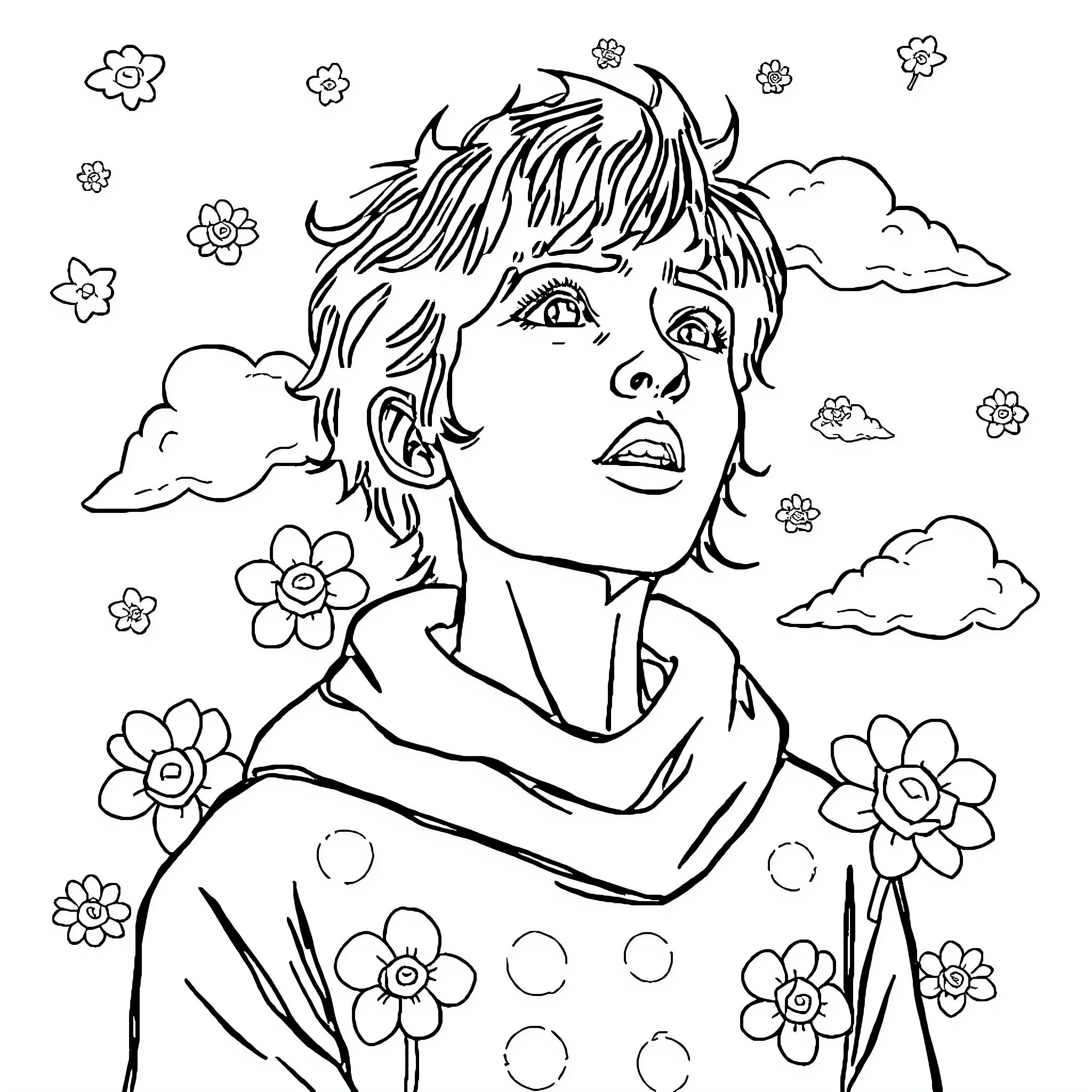 Bipolar Person in Floral Daydream Coloring Page (free black-and-white line drawing printable PDF for all, from beginners to advanced learners, including children, teens, adults, and seniors)
