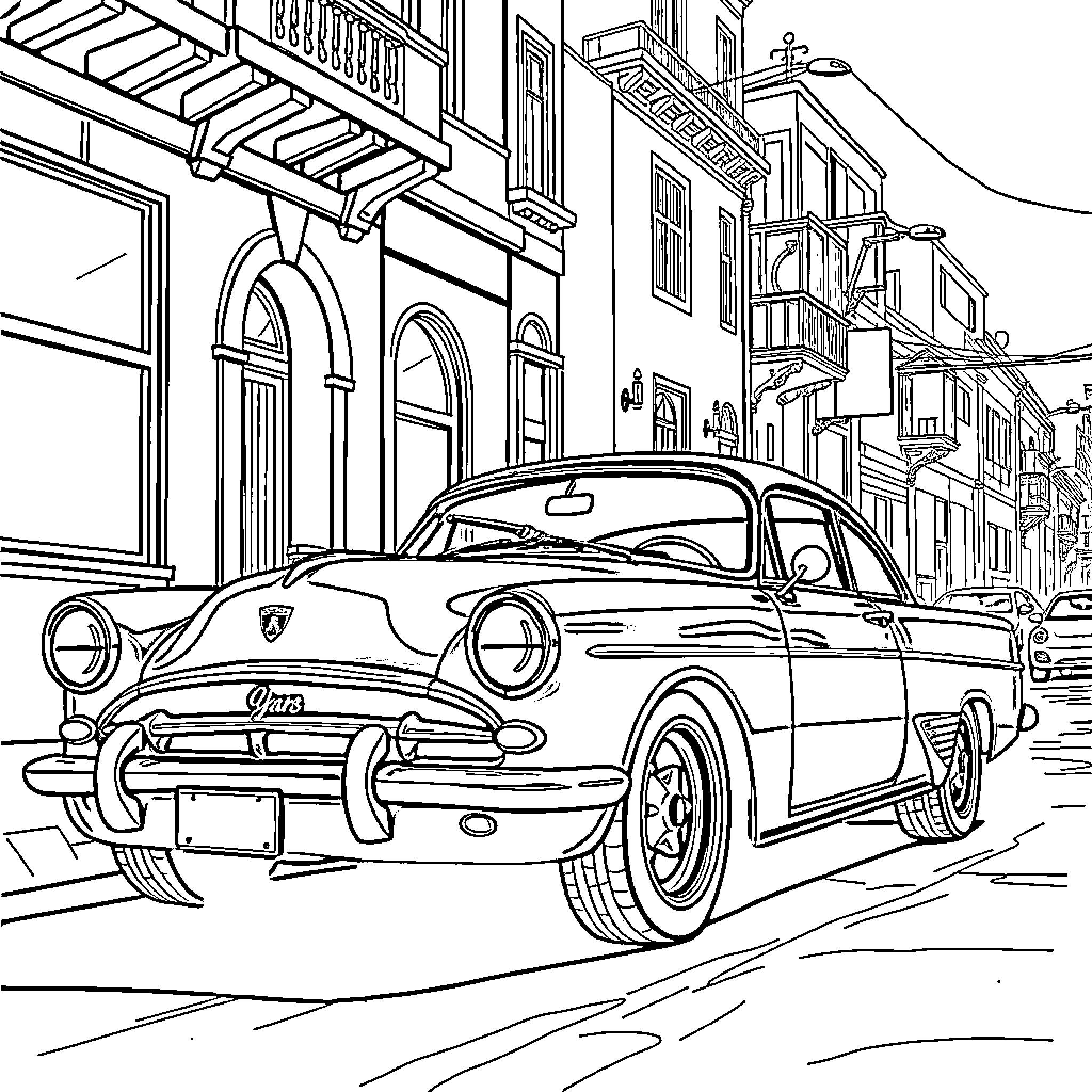 Coche classic car on the city street Coloring Page (free black-and-white line drawing printable PDF for all, from beginners to advanced learners, including children, teens, adults, and seniors)