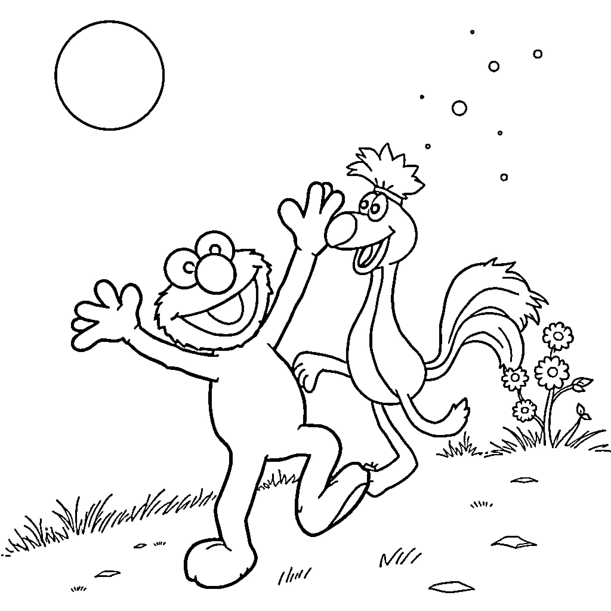 Elmo dancing joyfully in a grassy field Coloring Page (free black-and-white line drawing printable PDF for all, from beginners to advanced learners, including children, teens, adults, and seniors)
