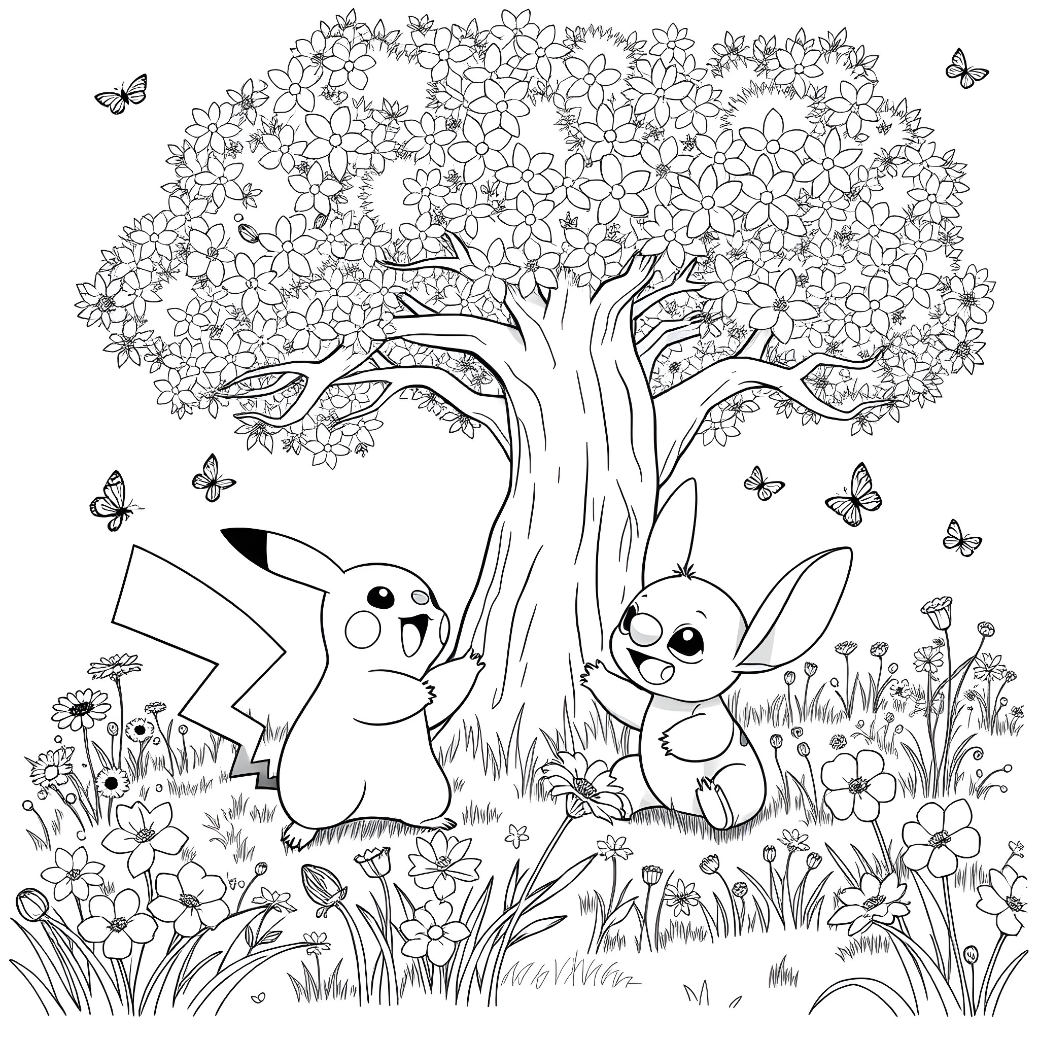 Pikachu and Bunny Enjoying Flowers in the Forest Coloring Page (free black-and-white line drawing printable PDF for all, from beginners to advanced learners, including children, teens, adults, and seniors)
