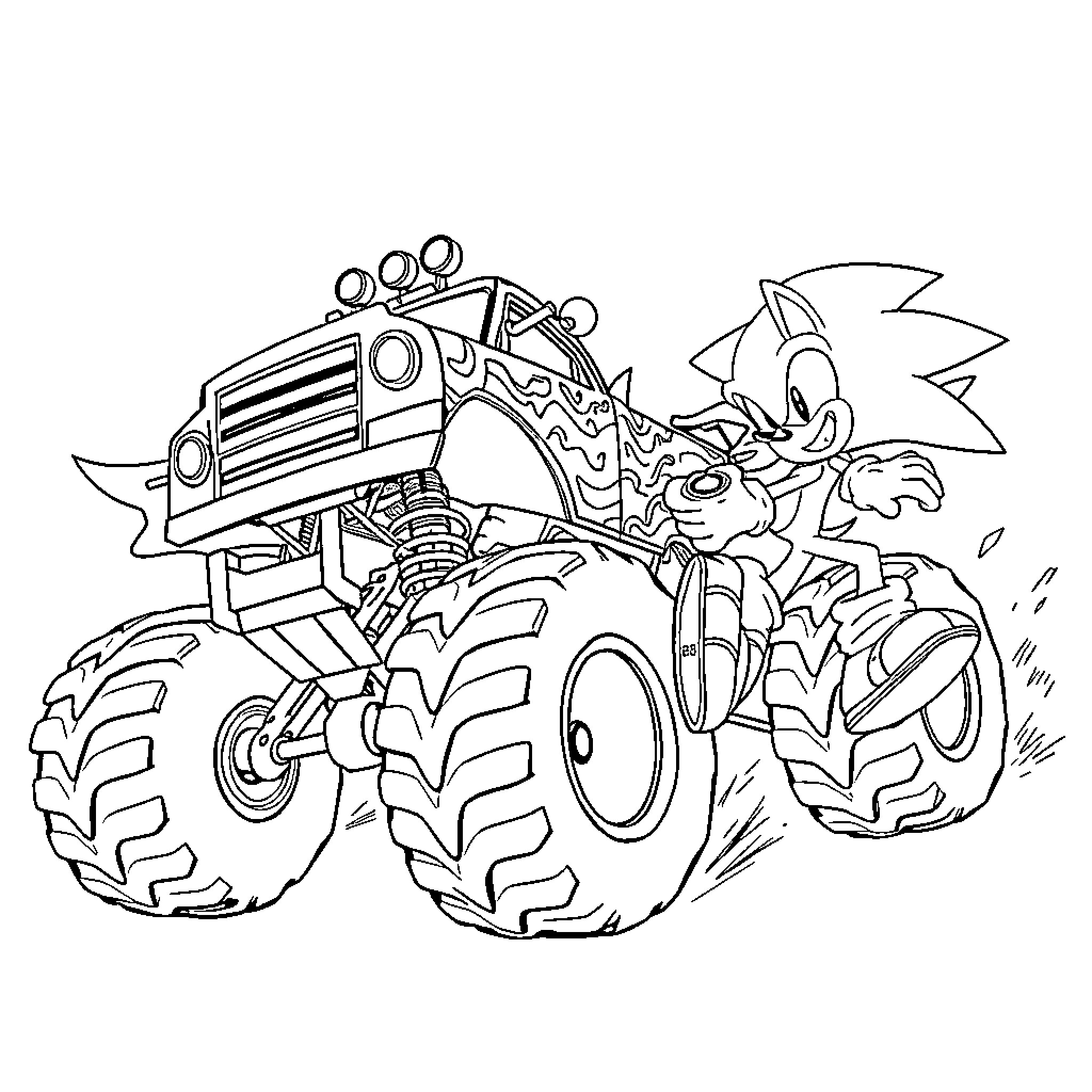 Monster Truck Racing with Sonic the Hedgehog Coloring Page (free black-and-white line drawing printable PDF for all, from beginners to advanced learners, including children, teens, adults, and seniors)
