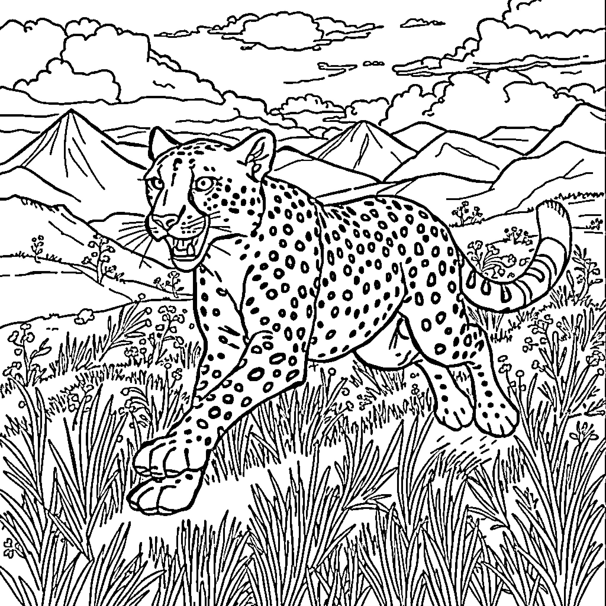 Cheetah prowling through the savannah landscape Coloring Page (free black-and-white line drawing printable PDF for all, from beginners to advanced learners, including children, teens, adults, and seniors)