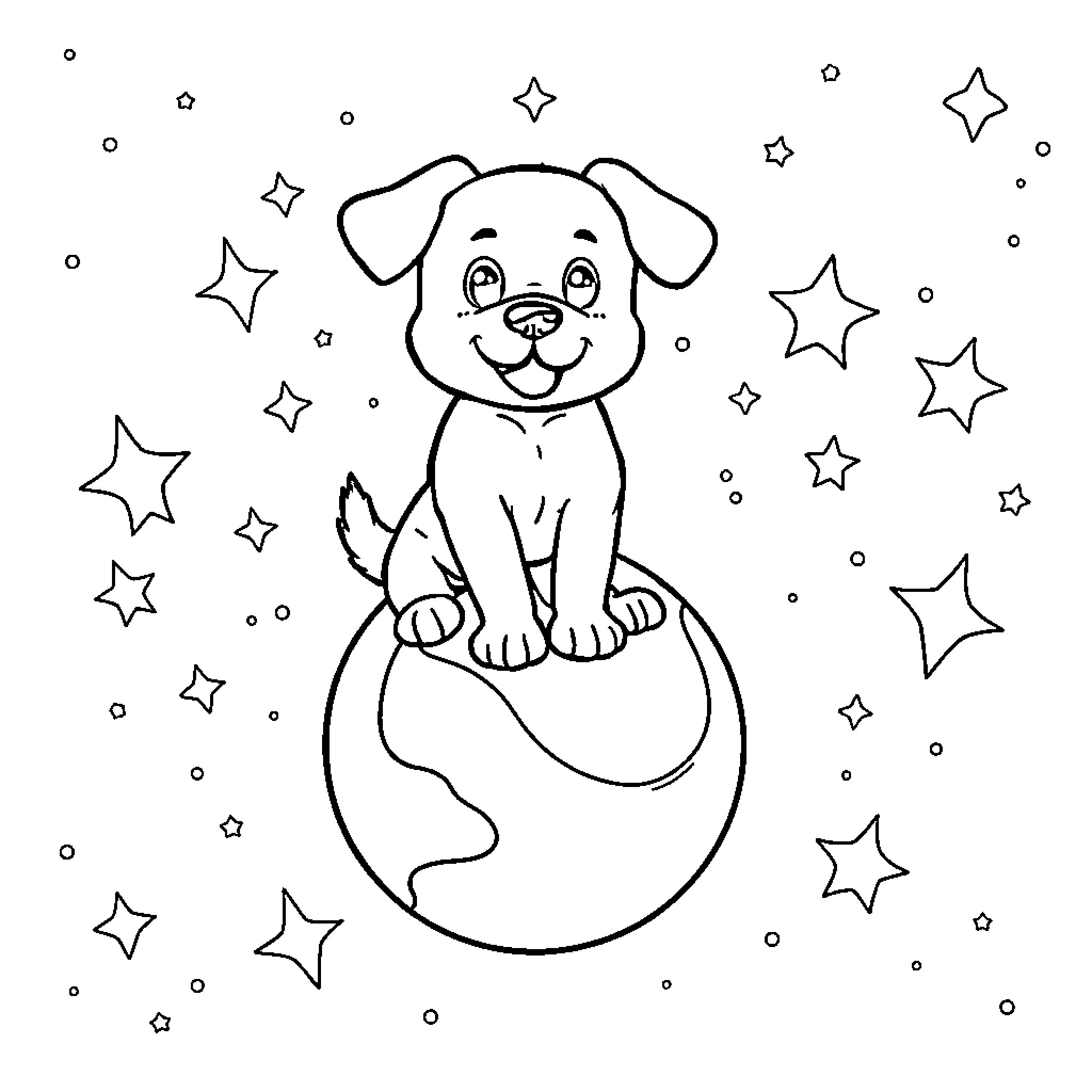 Dog sitting on a star-filled globe Coloring Page (free black-and-white line drawing printable PDF for all, from beginners to advanced learners, including children, teens, adults, and seniors)