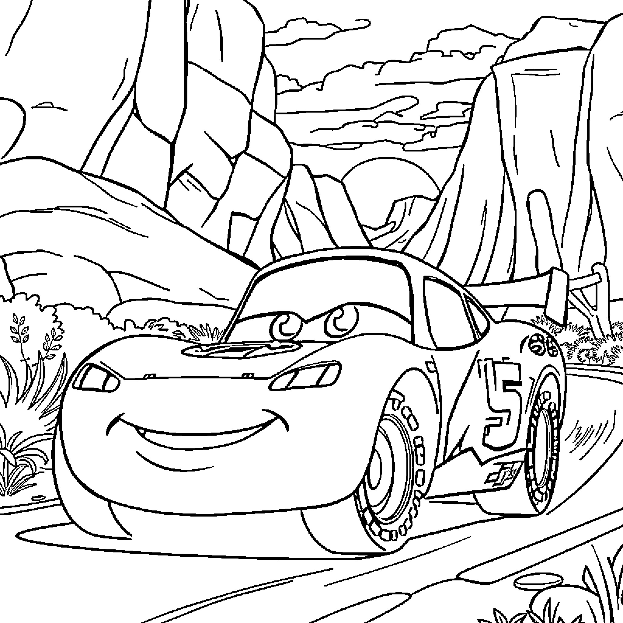 Mater in the Scenic Mountain Landscape Coloring Page (free black-and-white line drawing printable PDF for all, from beginners to advanced learners, including children, teens, adults, and seniors)