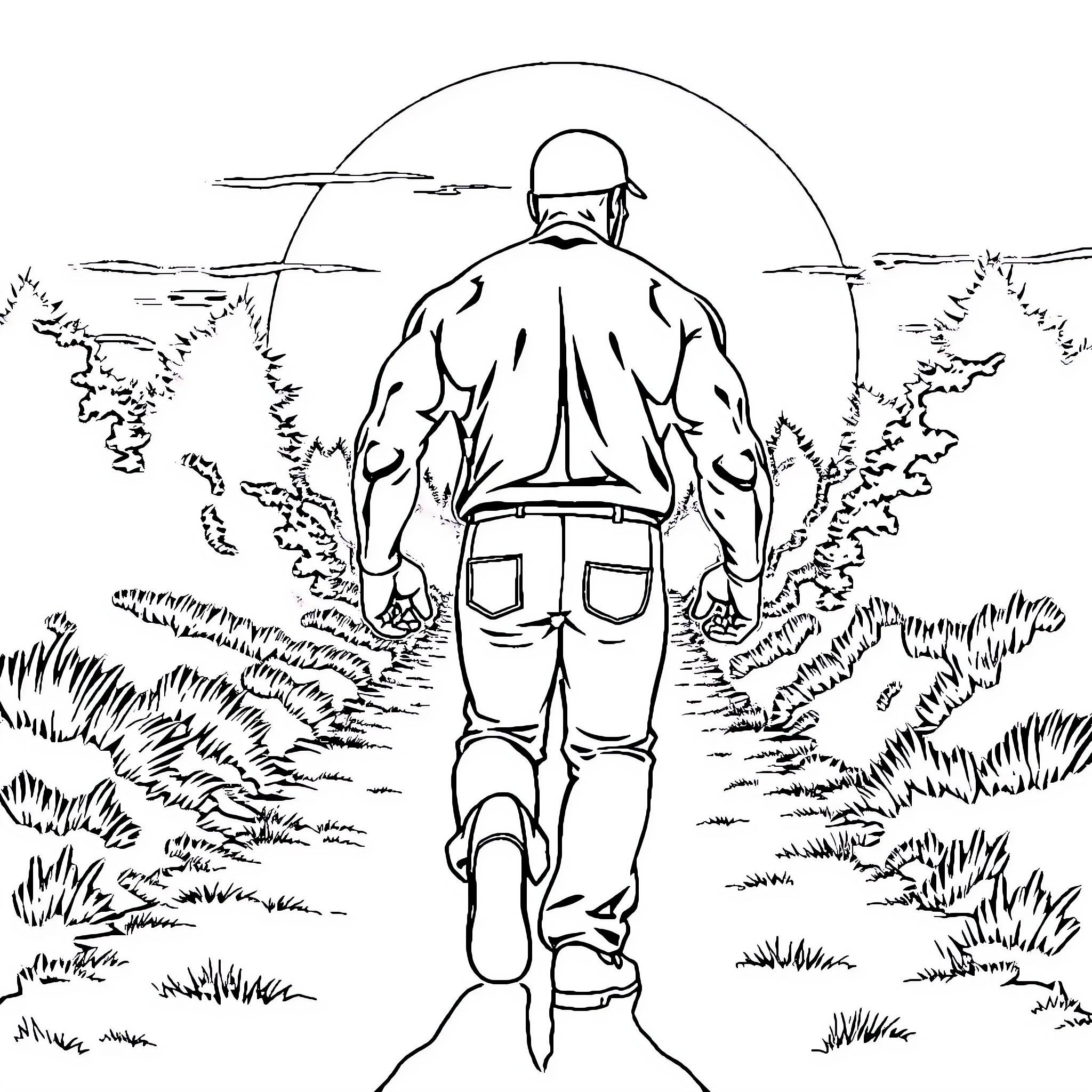 Hulk Hogan walking alone in the wilderness Coloring Page (free black-and-white line drawing printable PDF for all, from beginners to advanced learners, including children, teens, adults, and seniors)
