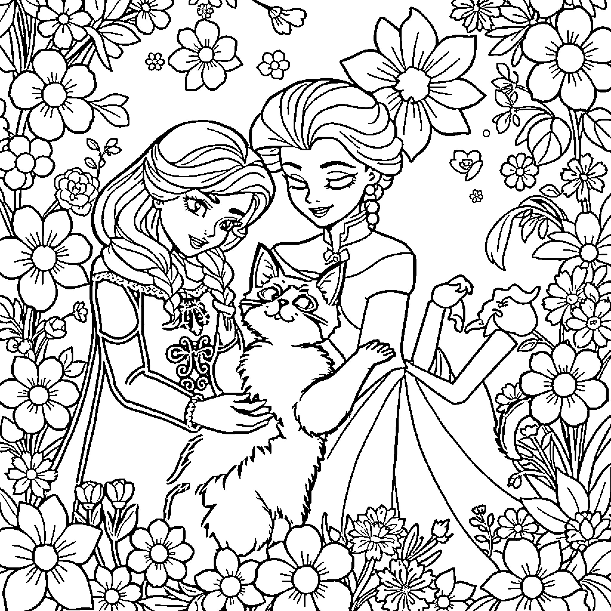 Marie and Elsa's Floral Adventure Coloring Page (free black-and-white line drawing printable PDF for all, from beginners to advanced learners, including children, teens, adults, and seniors)
