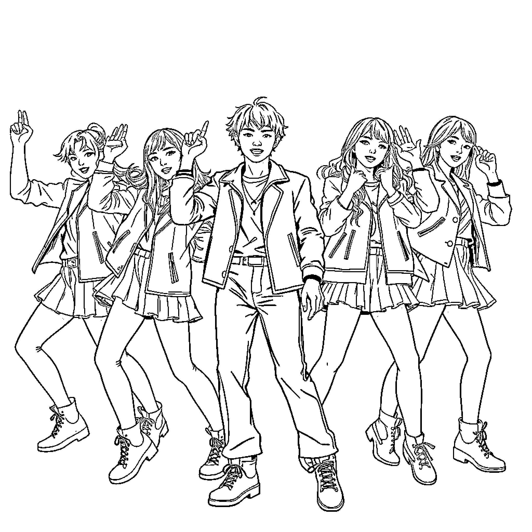 K Pop Group Performing with Energetic Poses Coloring Page (free black-and-white line drawing printable PDF for all, from beginners to advanced learners, including children, teens, adults, and seniors)