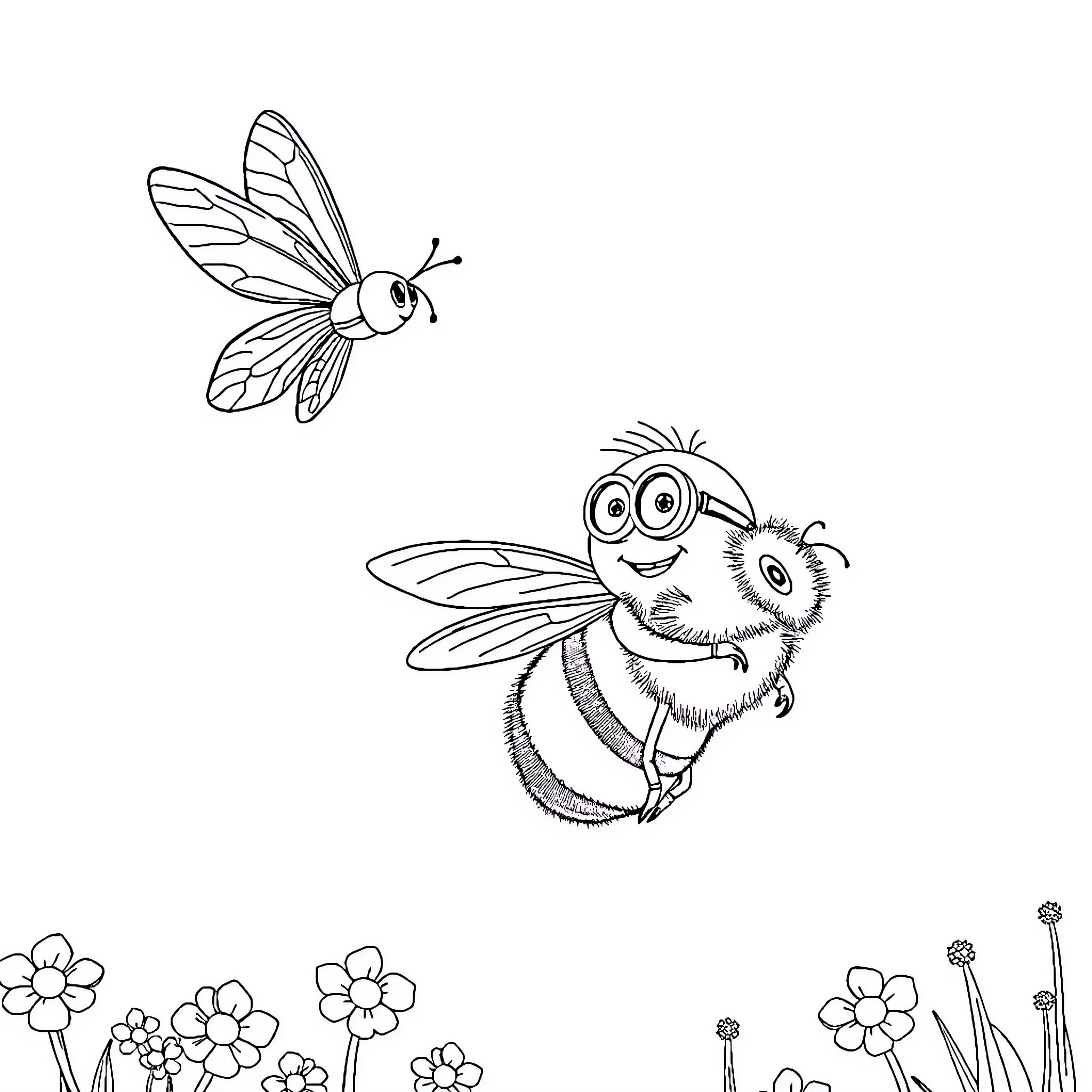 Biene Maja's Friendly Encounter Coloring Page (free black-and-white line drawing printable PDF for all, from beginners to advanced learners, including children, teens, adults, and seniors)