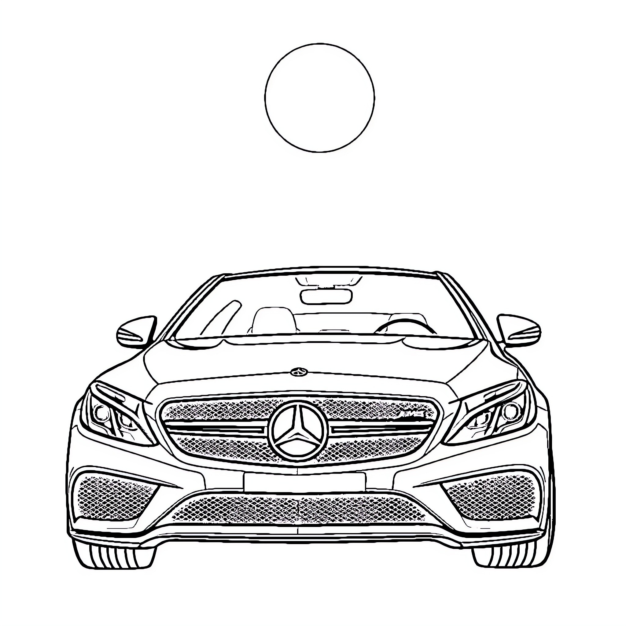 Mercedes-Benz luxury sedan front view Coloring Page (free black-and-white line drawing printable PDF for all, from beginners to advanced learners, including children, teens, adults, and seniors)