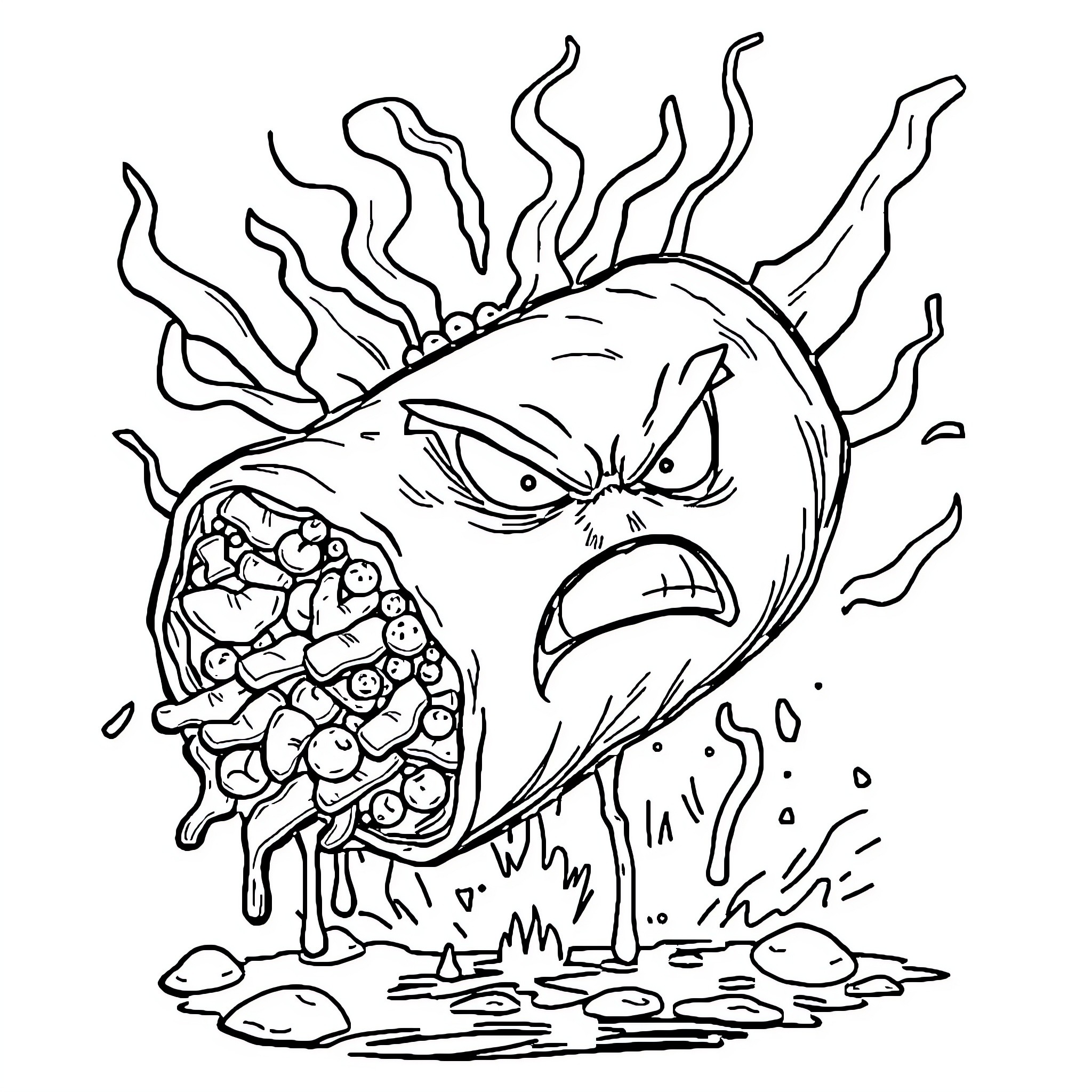 Burrito Monster Vomiting Debris Coloring Page (free black-and-white line drawing printable PDF for all, from beginners to advanced learners, including children, teens, adults, and seniors)