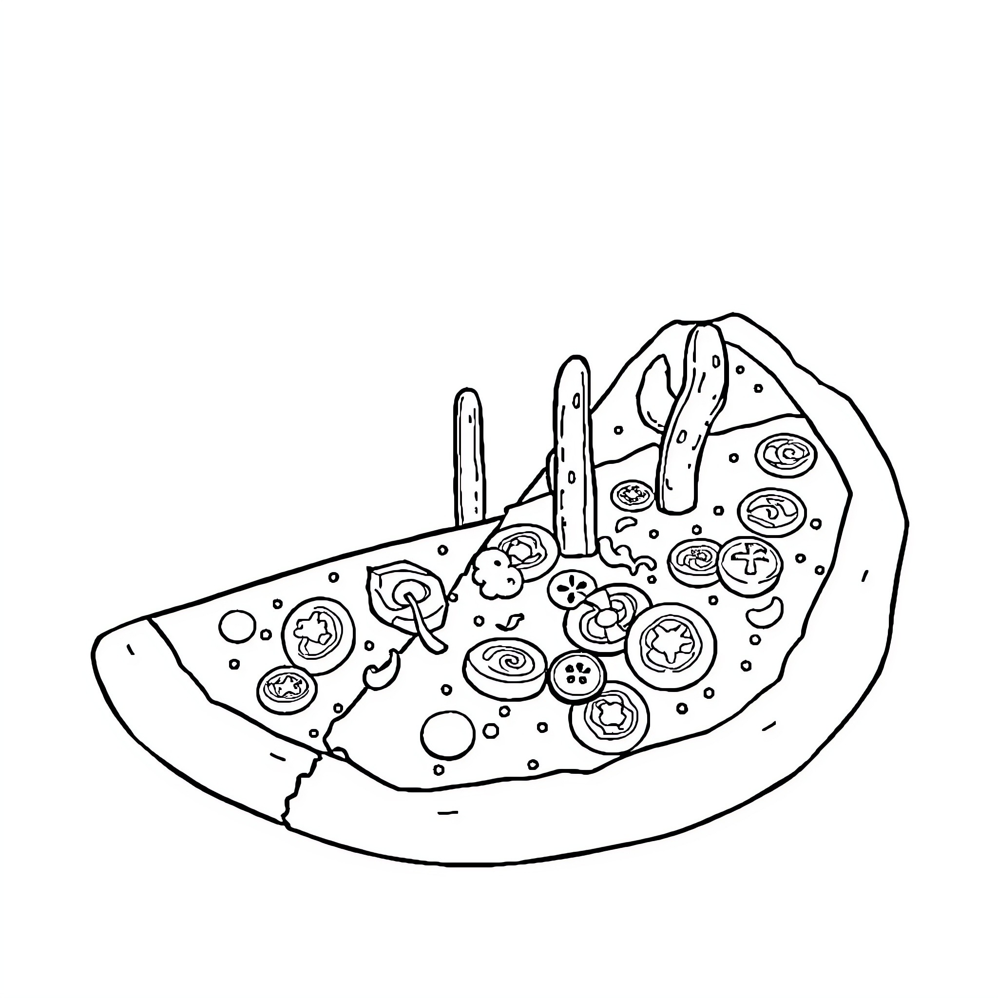 Pizza Slice with Colorful Toppings Coloring Page (free black-and-white line drawing printable PDF for all, from beginners to advanced learners, including children, teens, adults, and seniors)